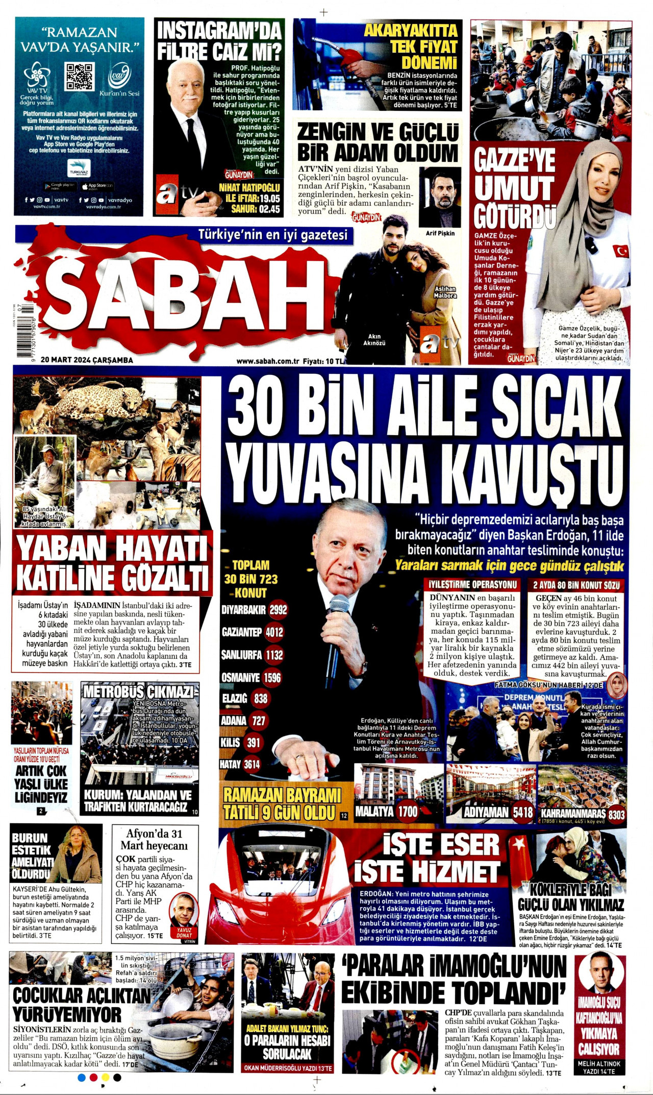 SABAH gazetesinin 20 Mart 2024 tarihli birinci sayfası