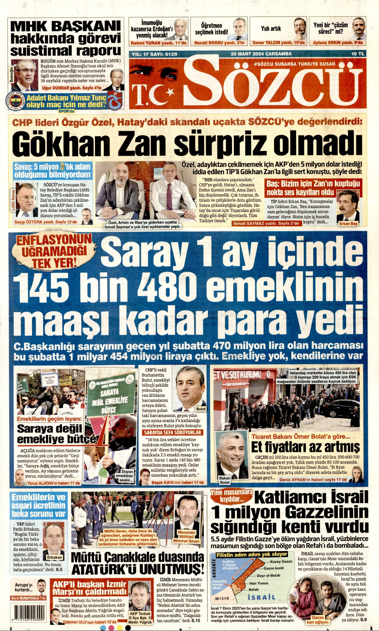SÖZCÜ gazetesinin 20 Mart 2024 tarihli birinci sayfası