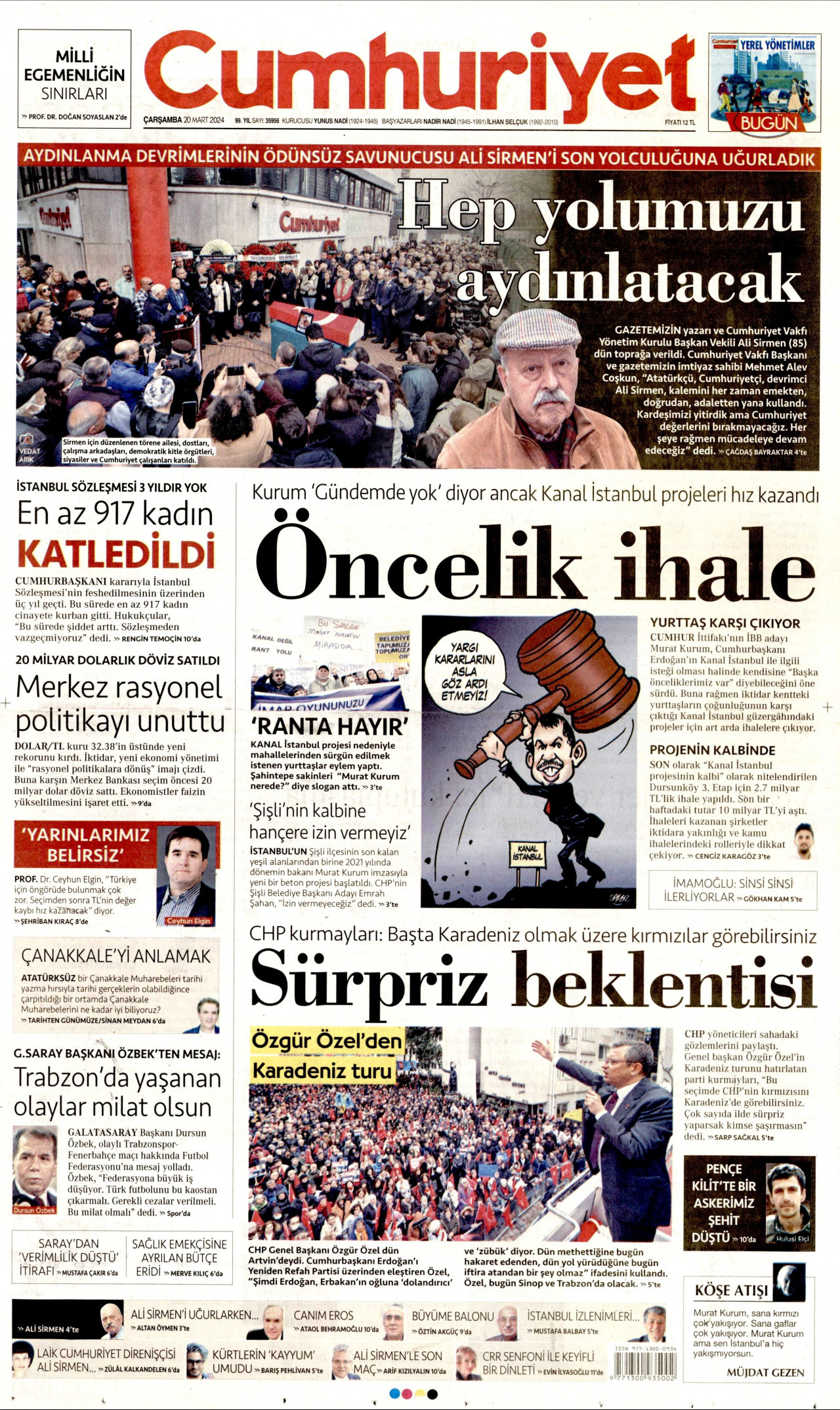 CUMHURİYET gazetesinin 20 Mart 2024 tarihli birinci sayfası