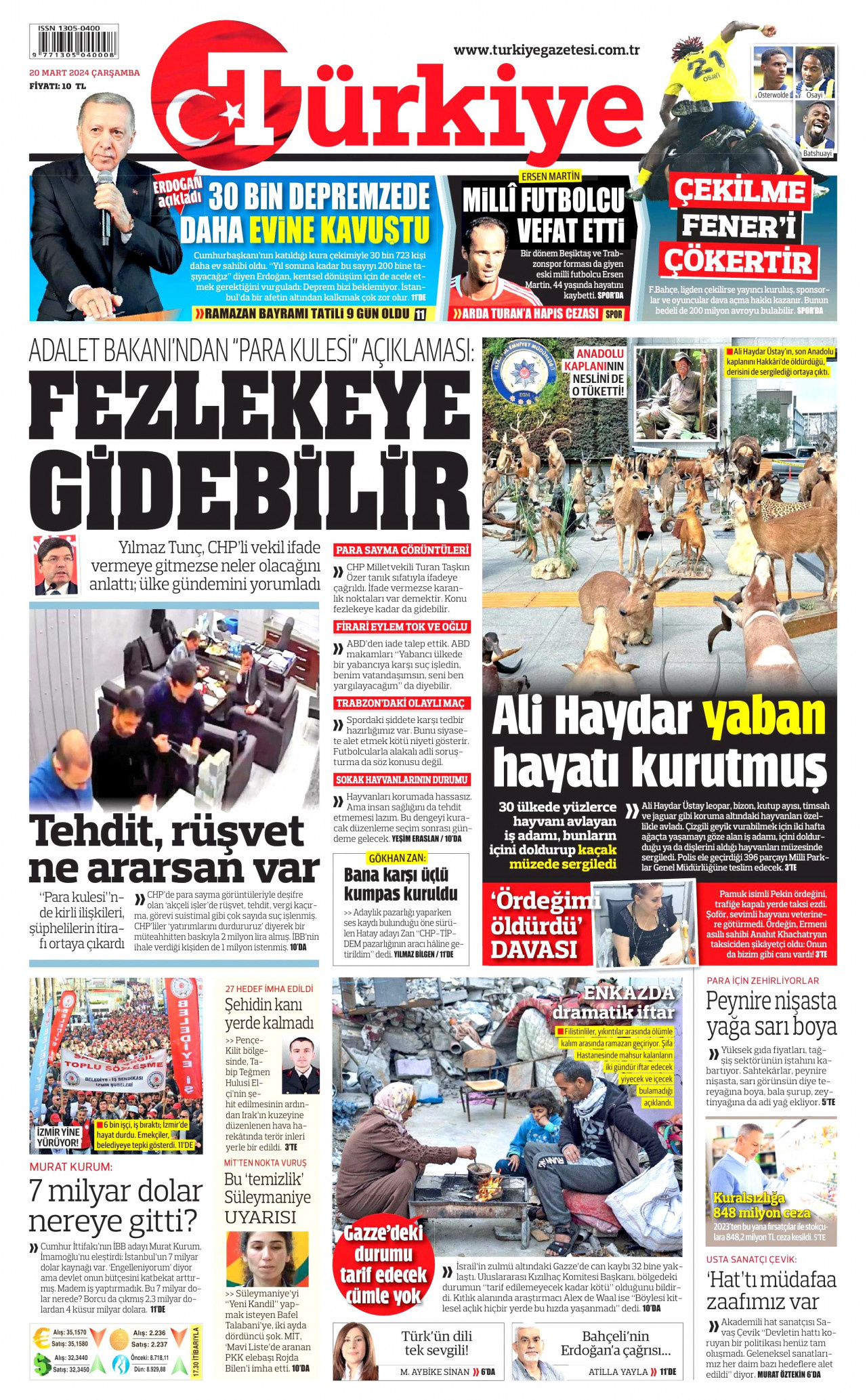 TÜRKİYE GAZETESİ gazetesinin 20 Mart 2024 tarihli birinci sayfası