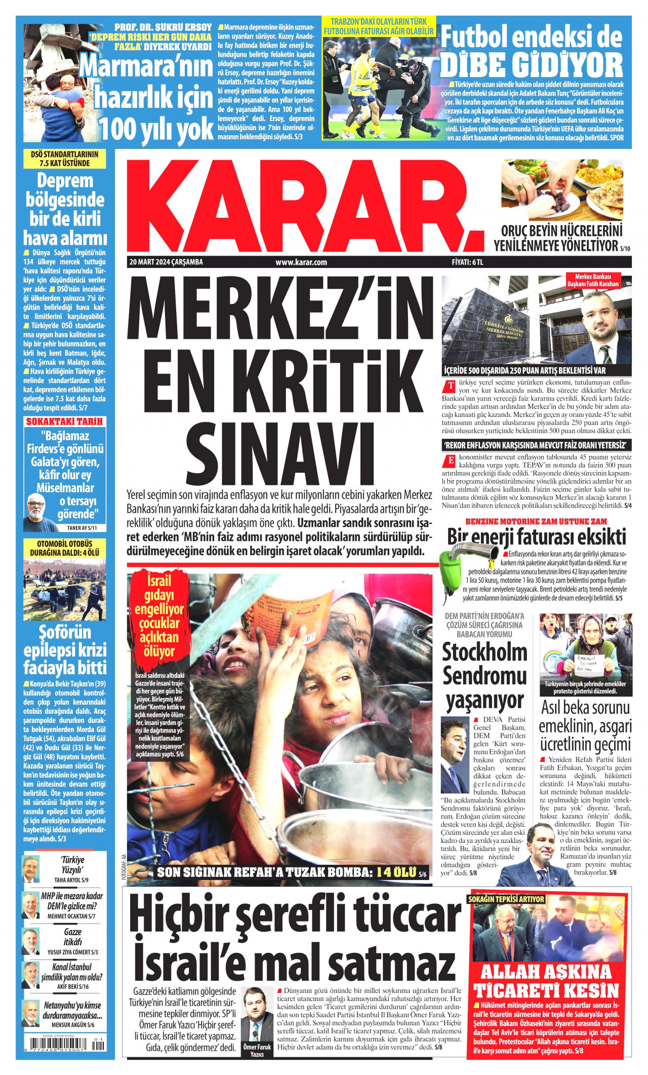 KARAR gazetesinin 20 Mart 2024 tarihli birinci sayfası