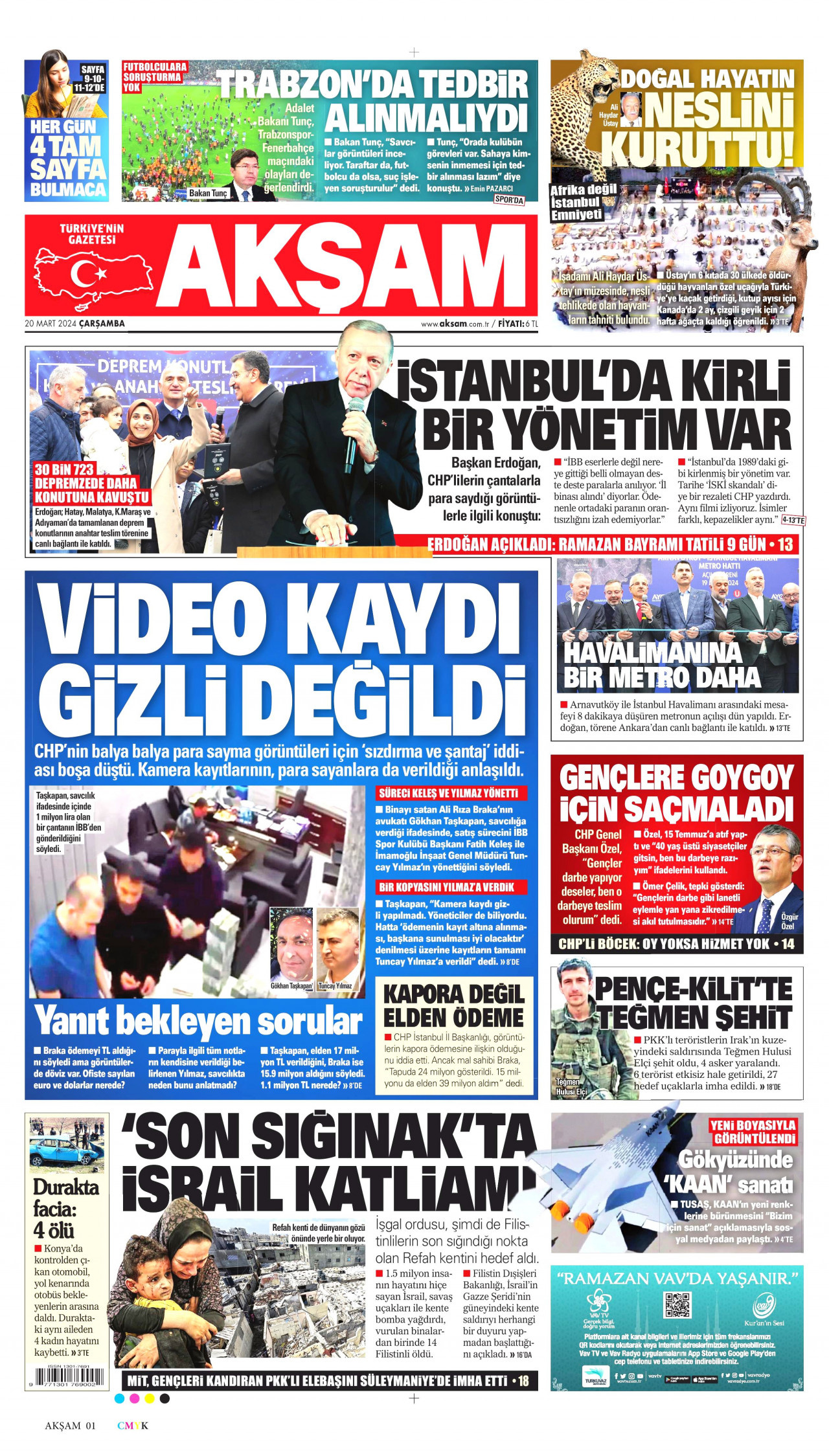 AKŞAM gazetesinin 20 Mart 2024 tarihli birinci sayfası