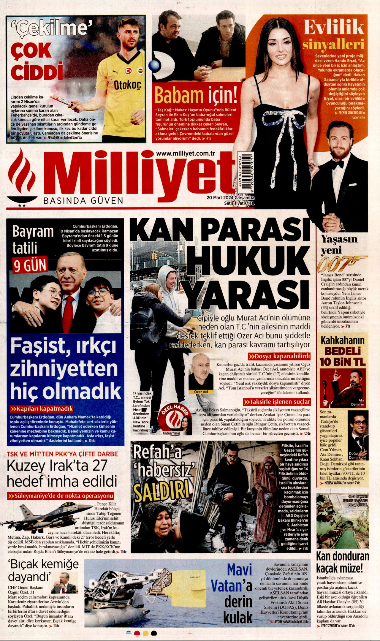 MİLLİYET gazetesinin 20 Mart 2024 tarihli birinci sayfası