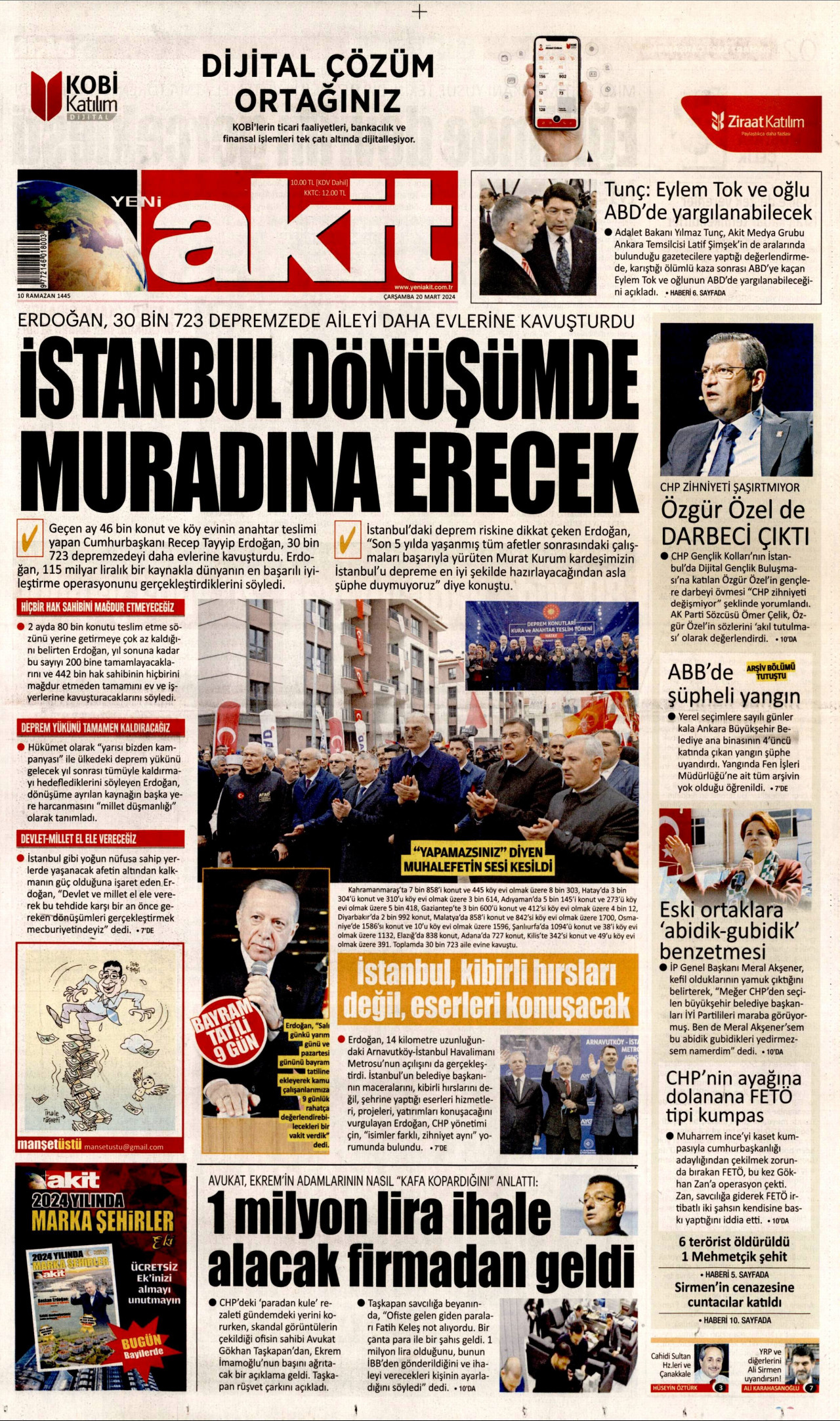 YENİ AKİT gazetesinin 20 Mart 2024 tarihli birinci sayfası