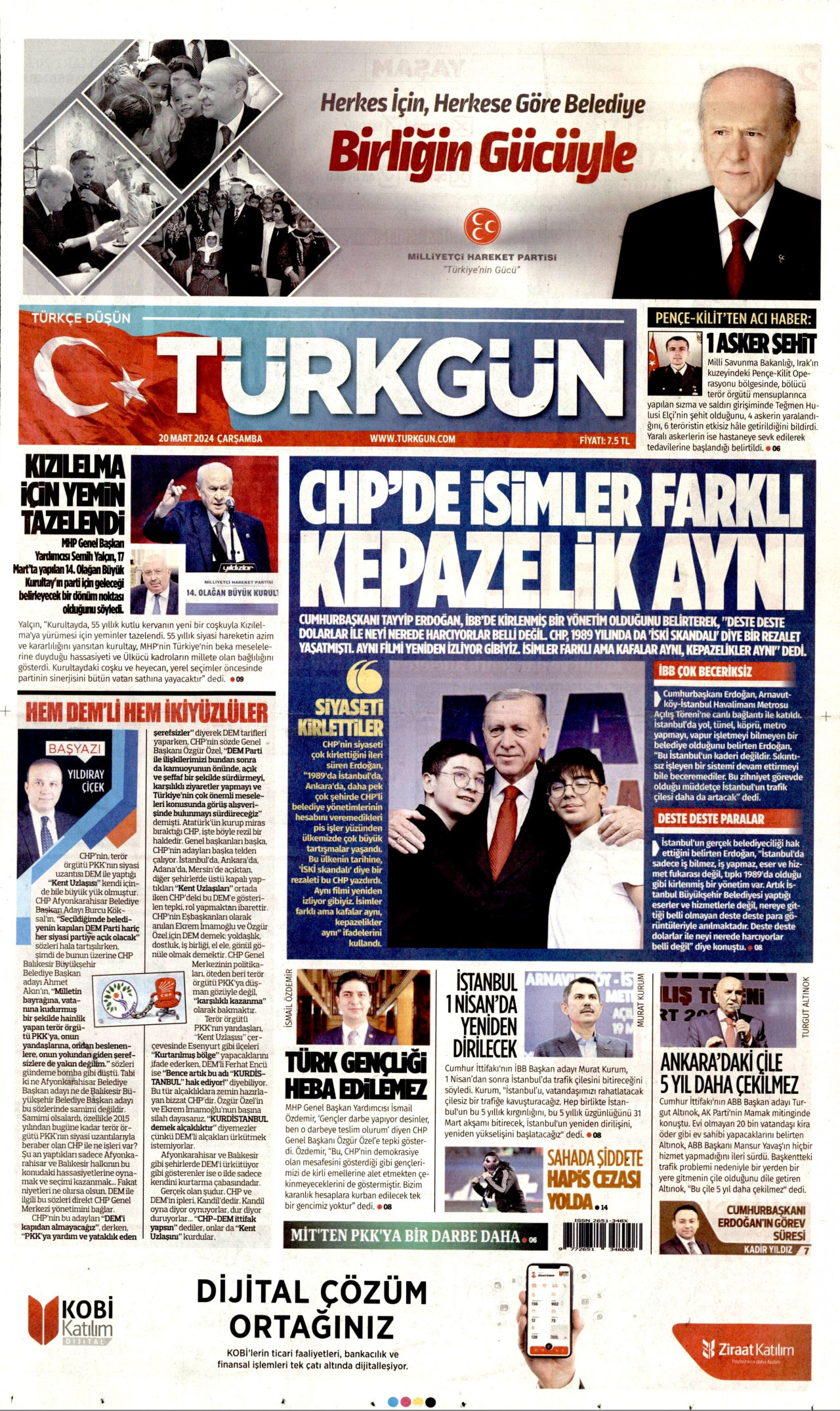 TÜRKGÜN gazetesinin 20 Mart 2024 tarihli birinci sayfası