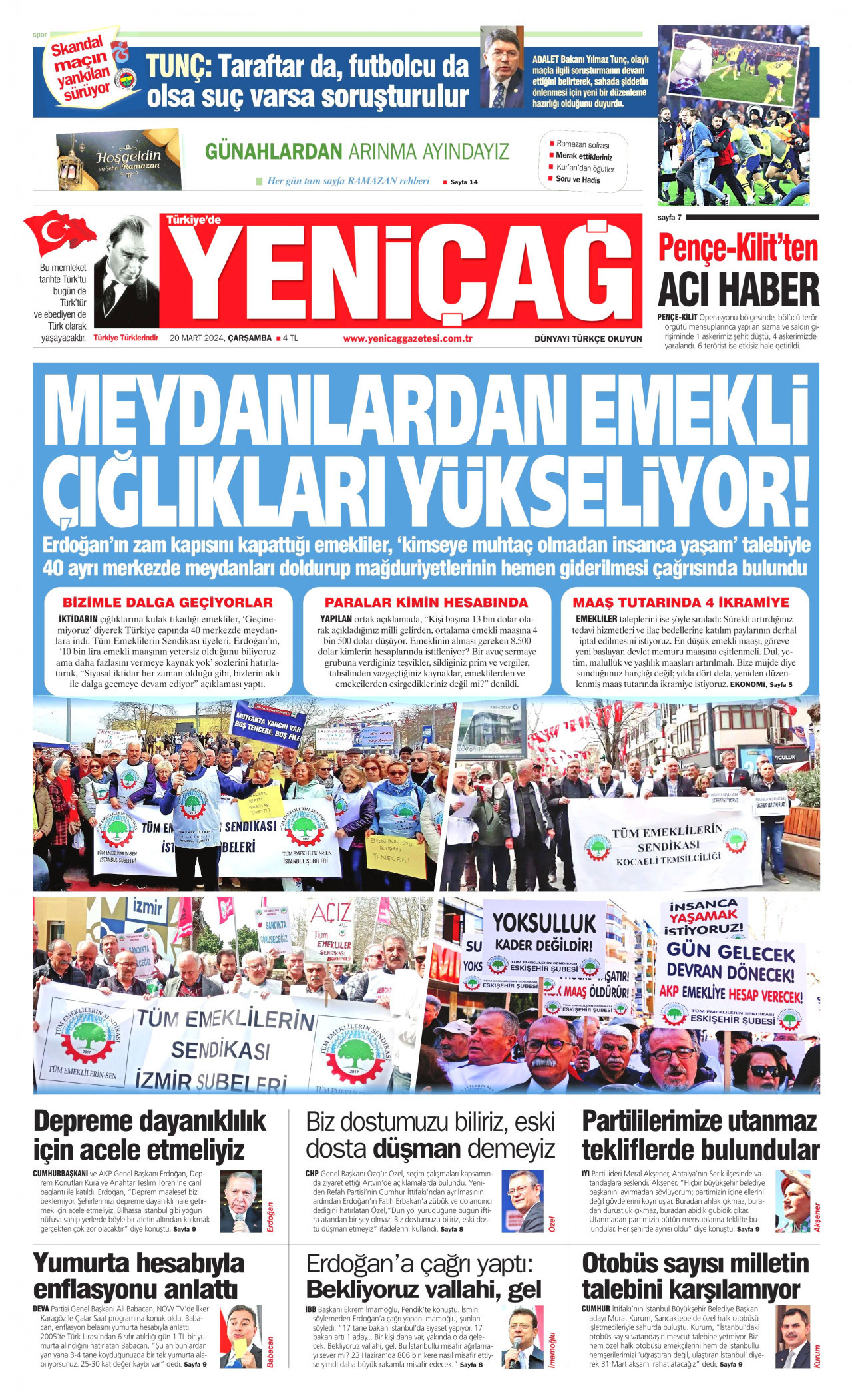 YENİÇAĞ gazetesinin 20 Mart 2024 tarihli birinci sayfası