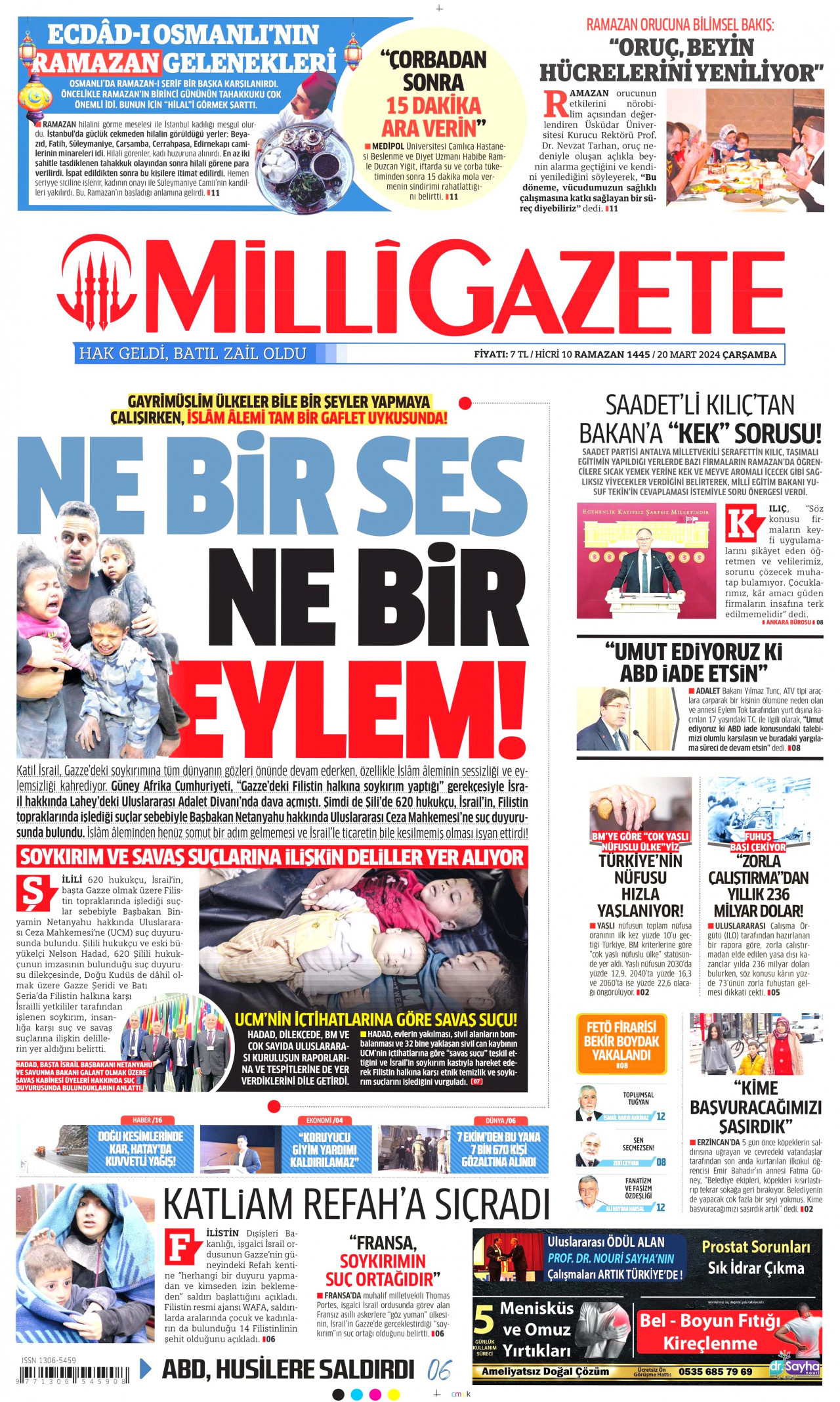 MİLLİ GAZETE gazetesinin 20 Mart 2024 tarihli birinci sayfası