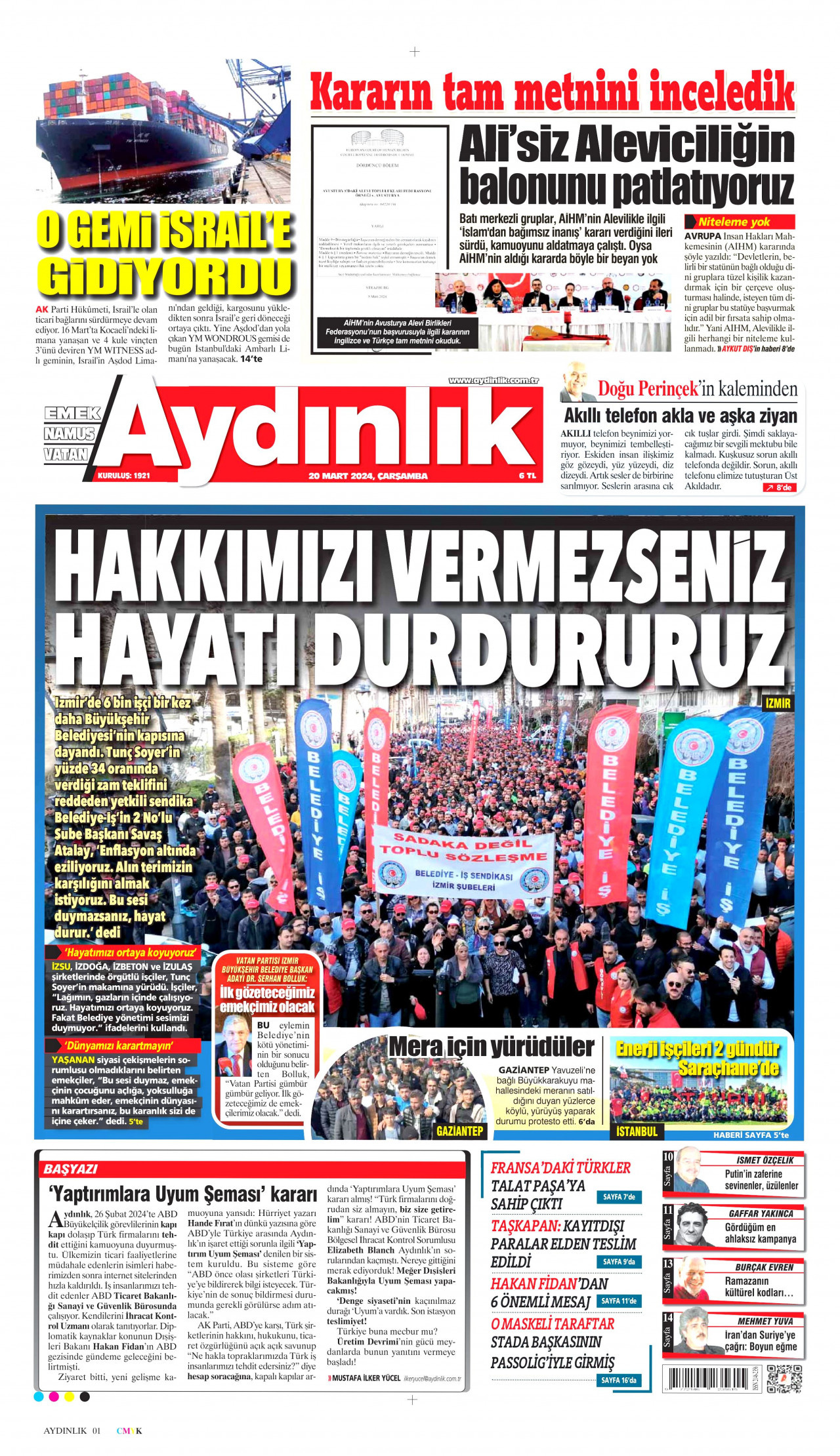 AYDINLIK GAZETESİ gazetesinin 20 Mart 2024 tarihli birinci sayfası