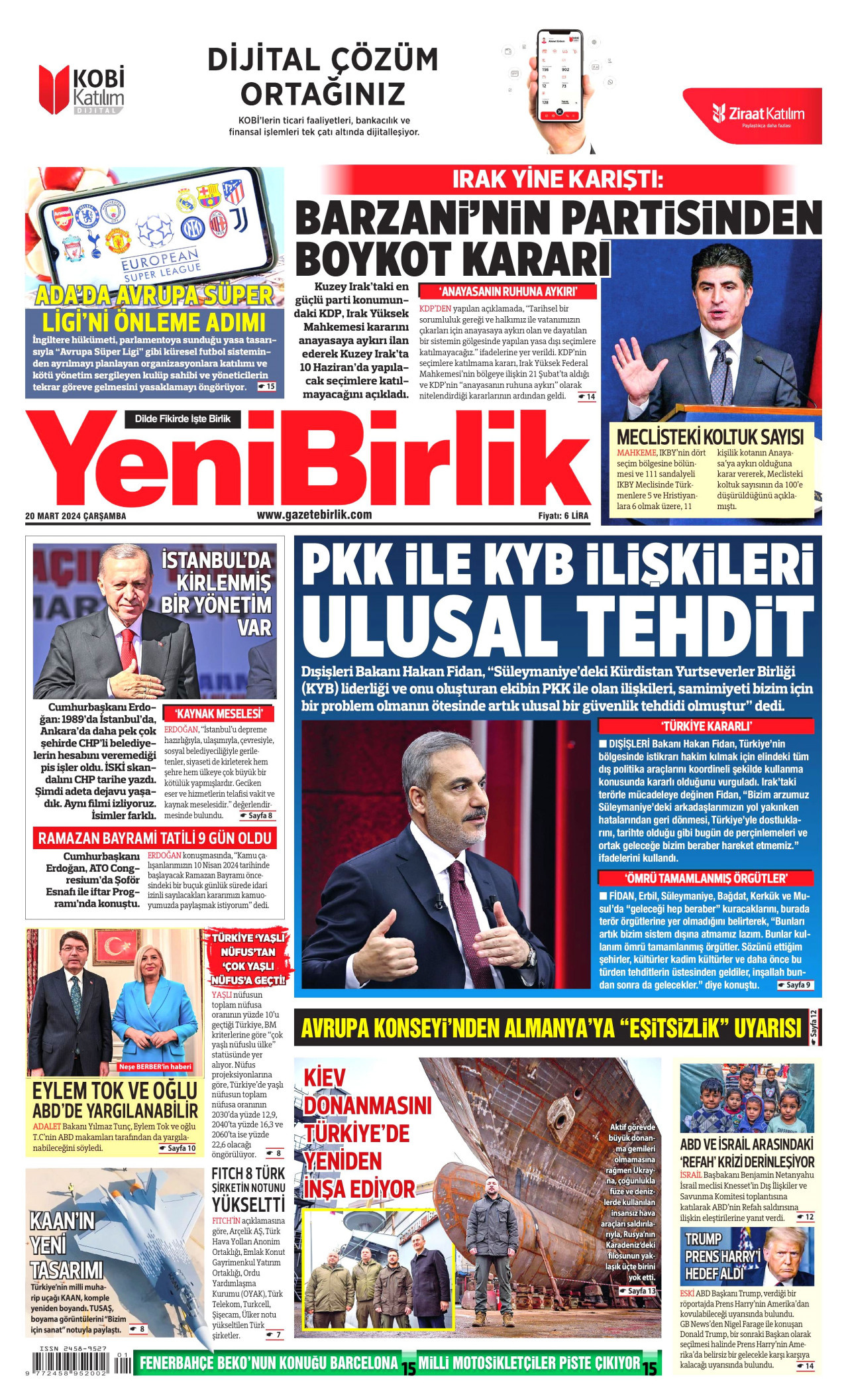 YENİBİRLİK gazetesinin 20 Mart 2024 tarihli birinci sayfası