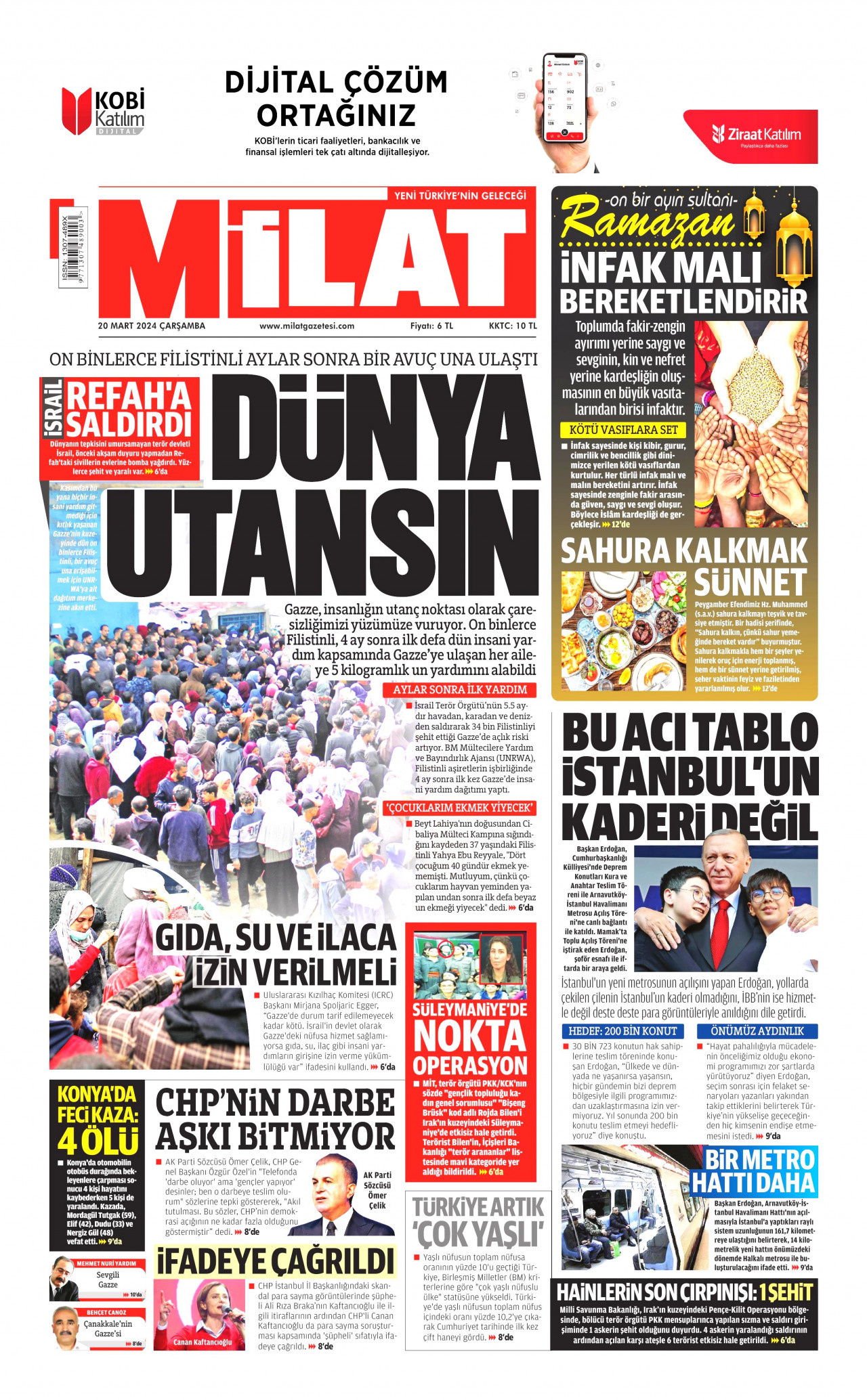 MİLAT gazetesinin 20 Mart 2024 tarihli birinci sayfası