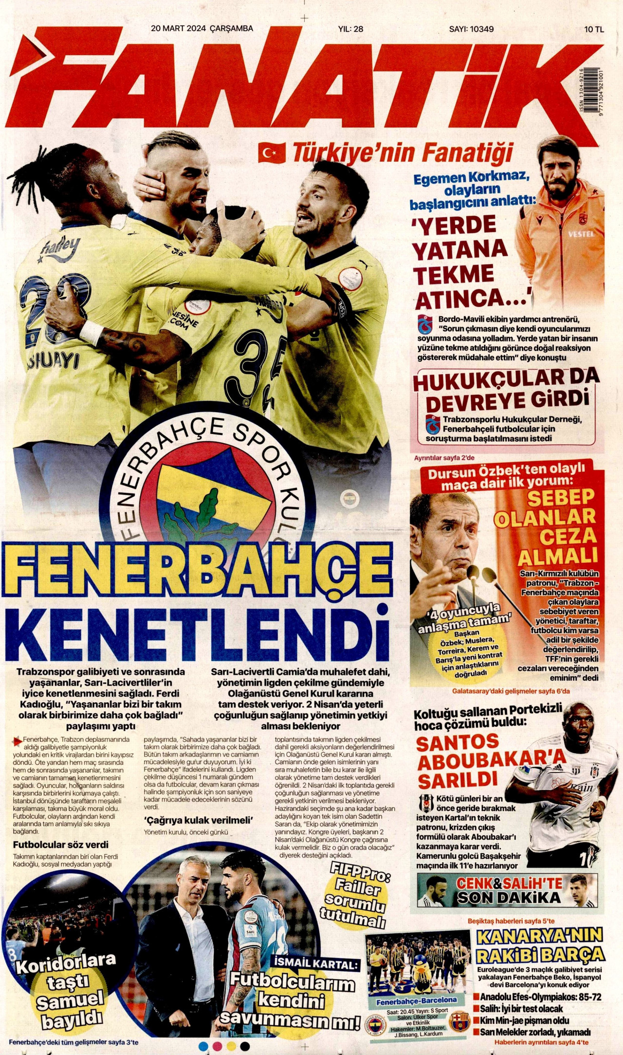 FANATİK gazetesinin 20 Mart 2024 tarihli birinci sayfası