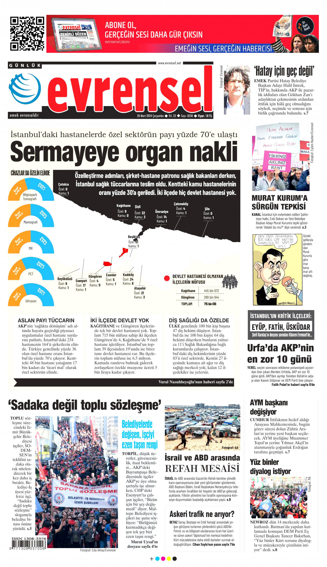 EVRENSEL gazetesinin 20 Mart 2024 tarihli birinci sayfası
