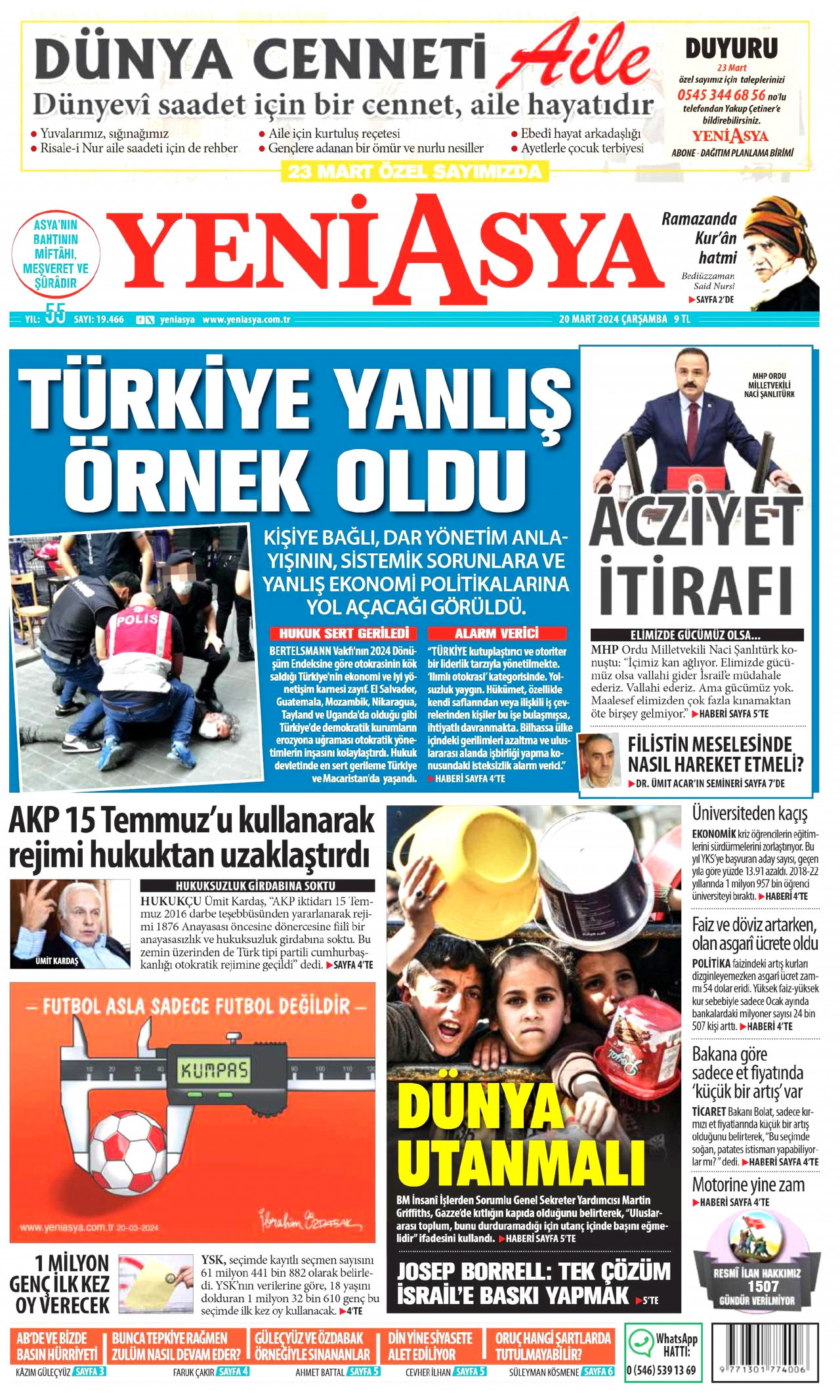YENİ ASYA gazetesinin 20 Mart 2024 tarihli birinci sayfası