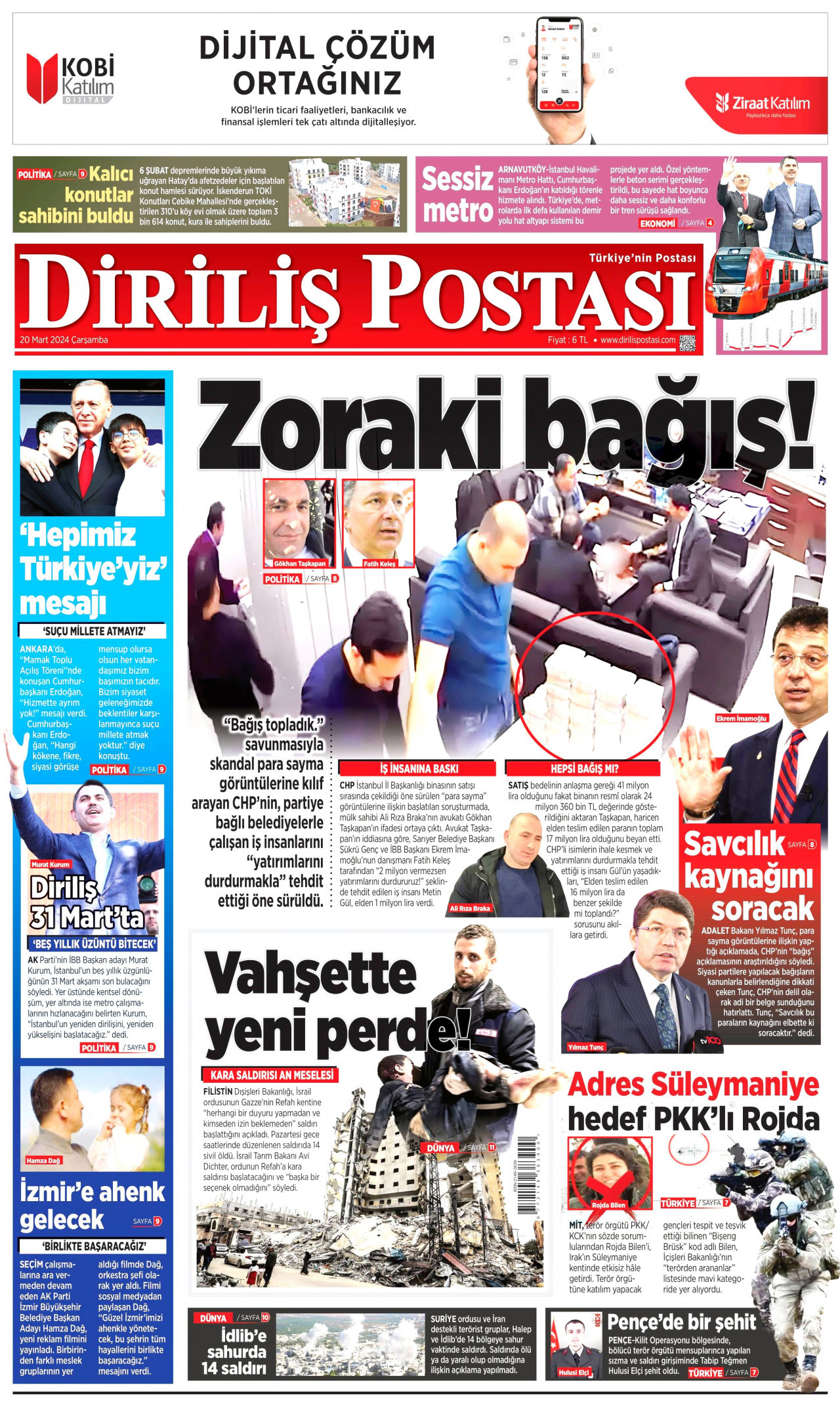 DİRİLİŞ POSTASI gazetesinin 20 Mart 2024 tarihli birinci sayfası