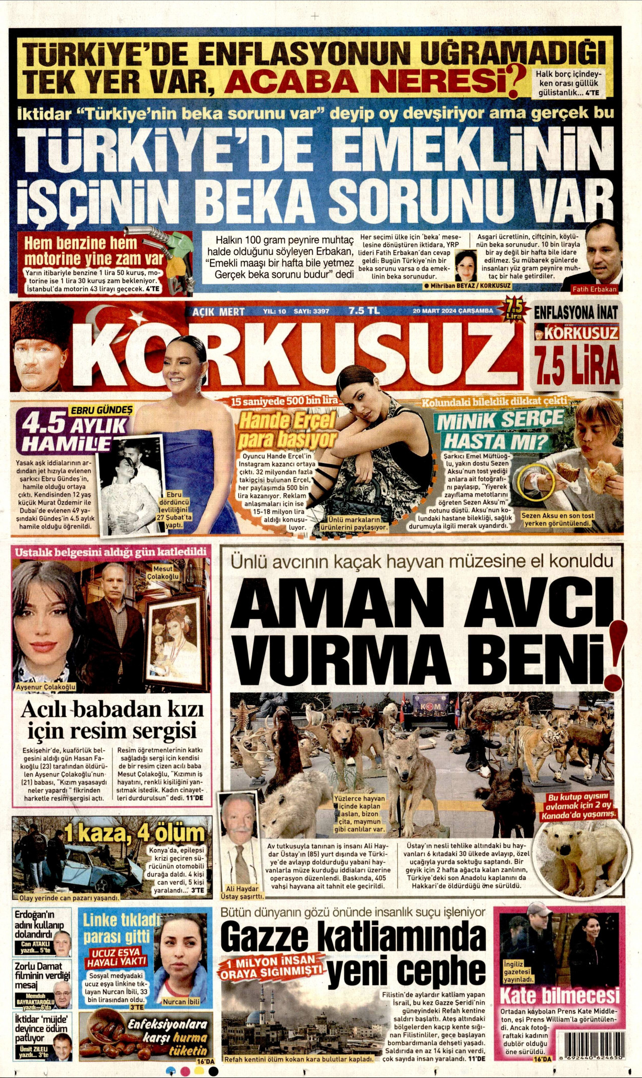 KORKUSUZ gazetesinin 20 Mart 2024 tarihli birinci sayfası