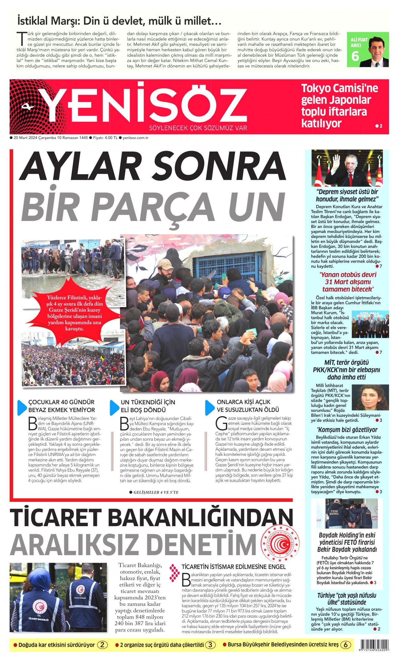 YENİ SÖZ GAZETESİ gazetesinin 20 Mart 2024 tarihli birinci sayfası
