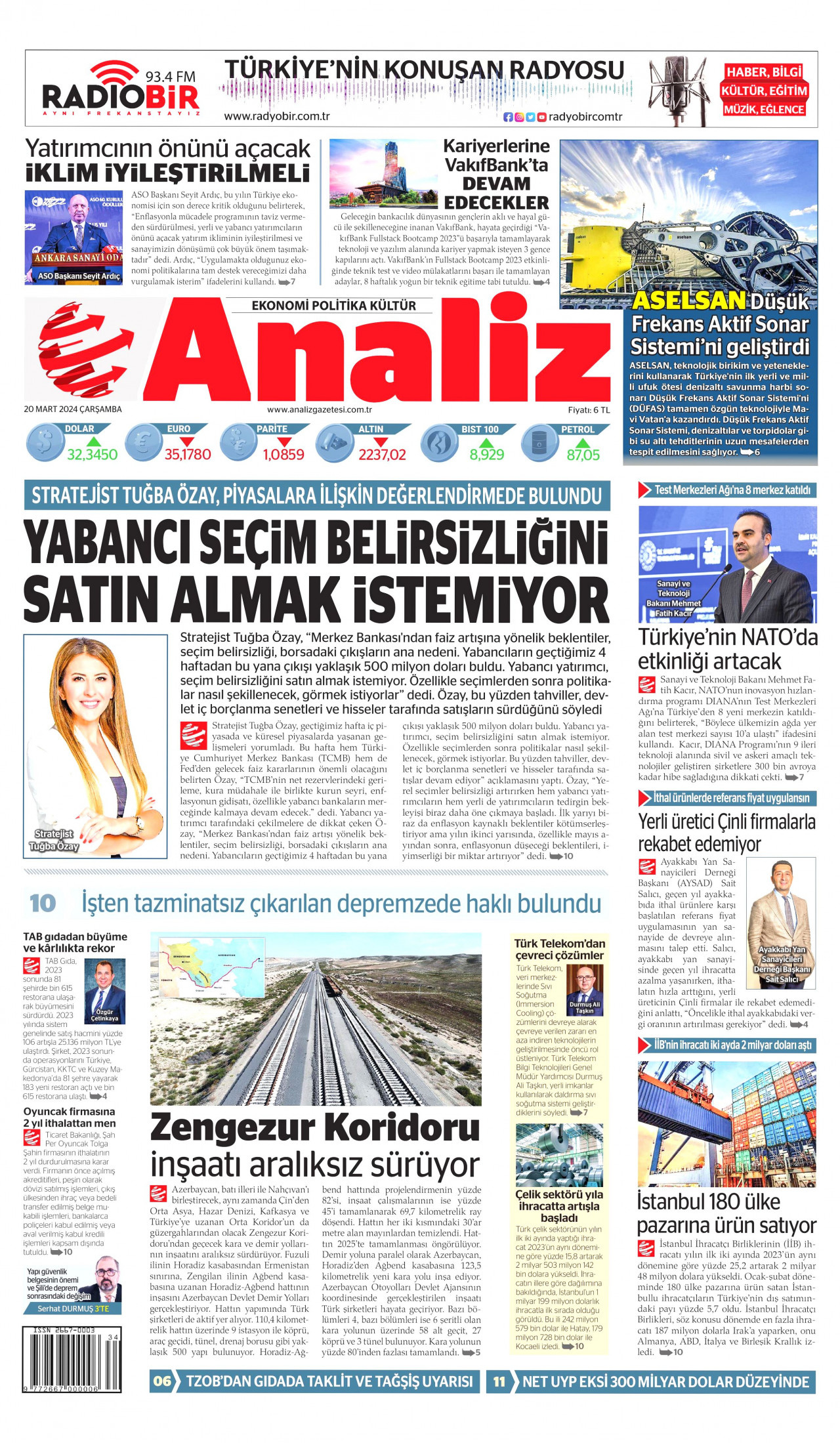 ANALİZ gazetesinin 20 Mart 2024 tarihli birinci sayfası
