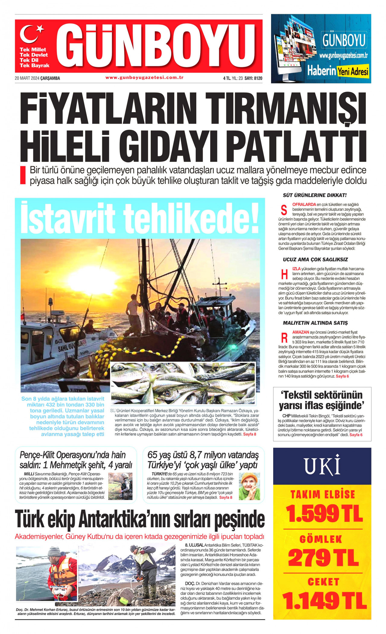 GÜNBOYU gazetesinin 20 Mart 2024 tarihli birinci sayfası