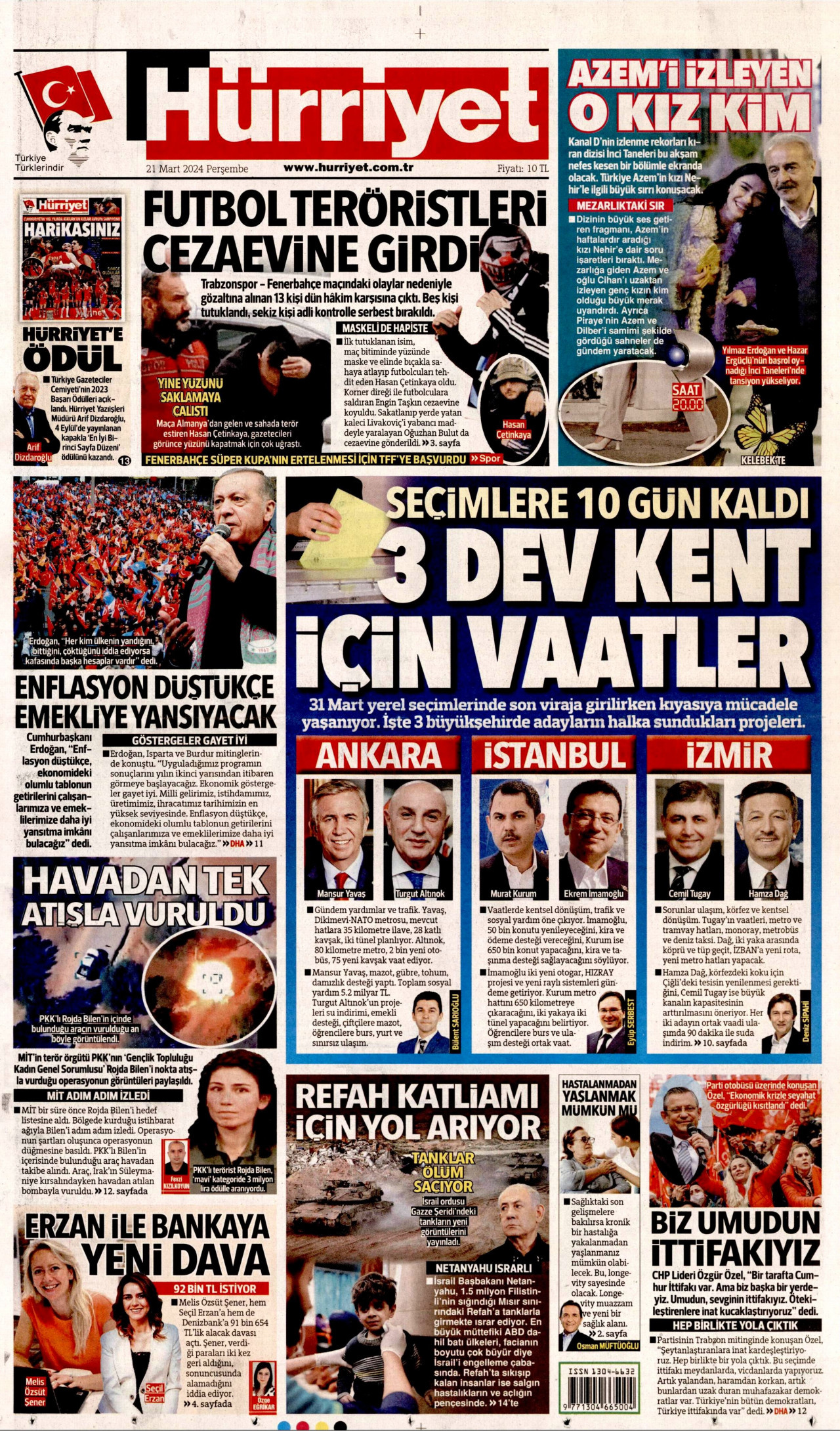 HÜRRİYET gazetesinin 21 Mart 2024 tarihli birinci sayfası
