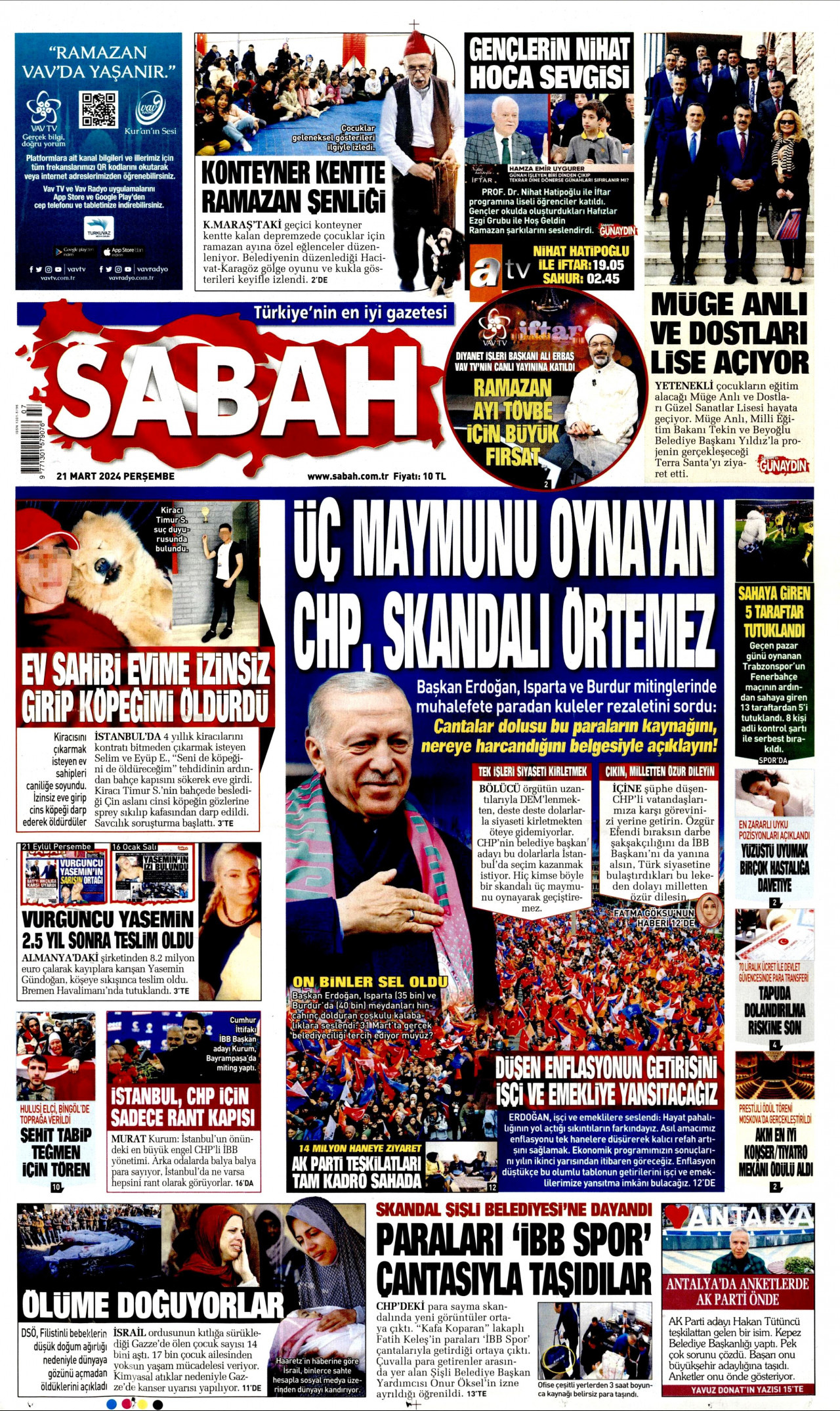 SABAH gazetesinin 21 Mart 2024 tarihli birinci sayfası