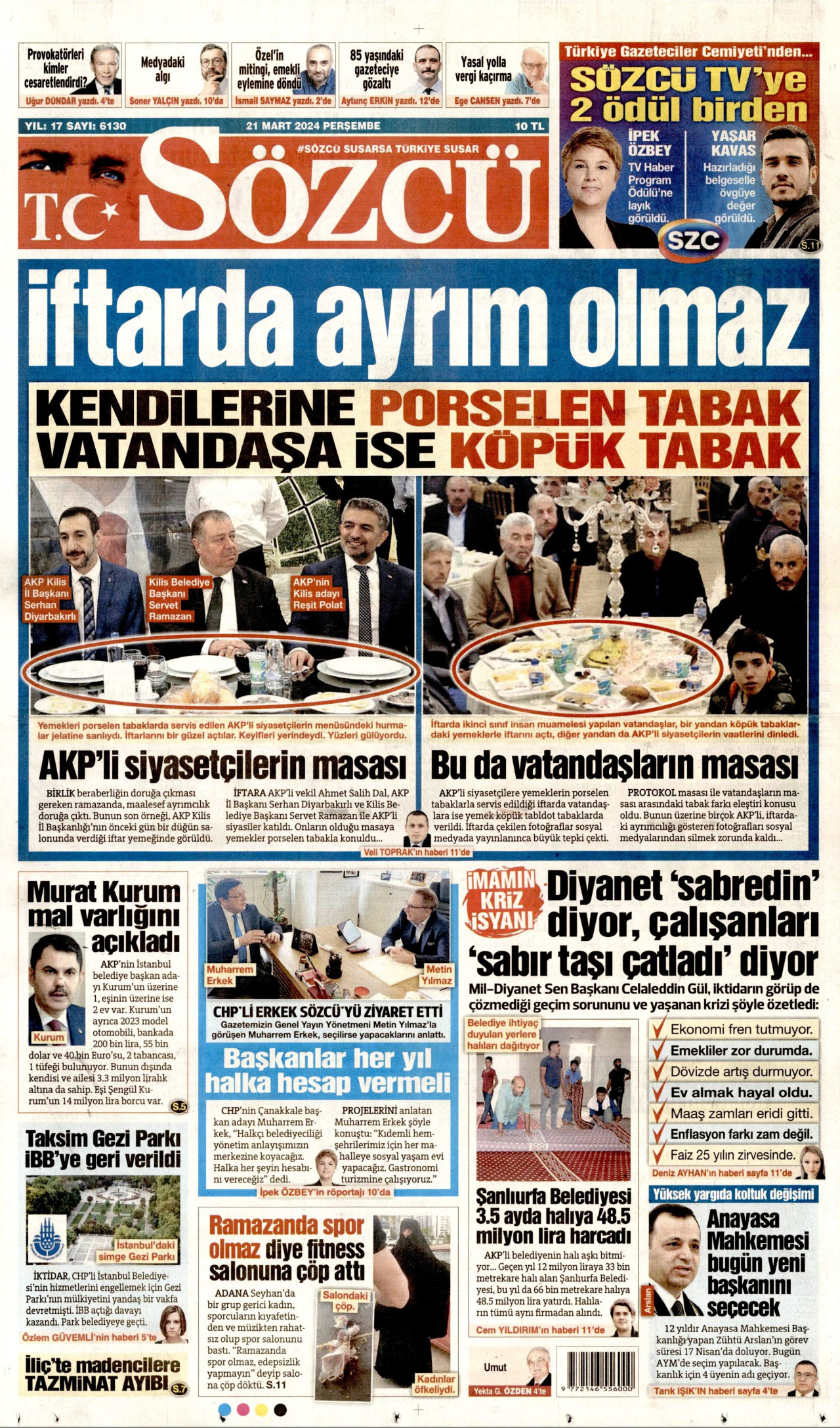 SÖZCÜ gazetesinin 21 Mart 2024 tarihli birinci sayfası