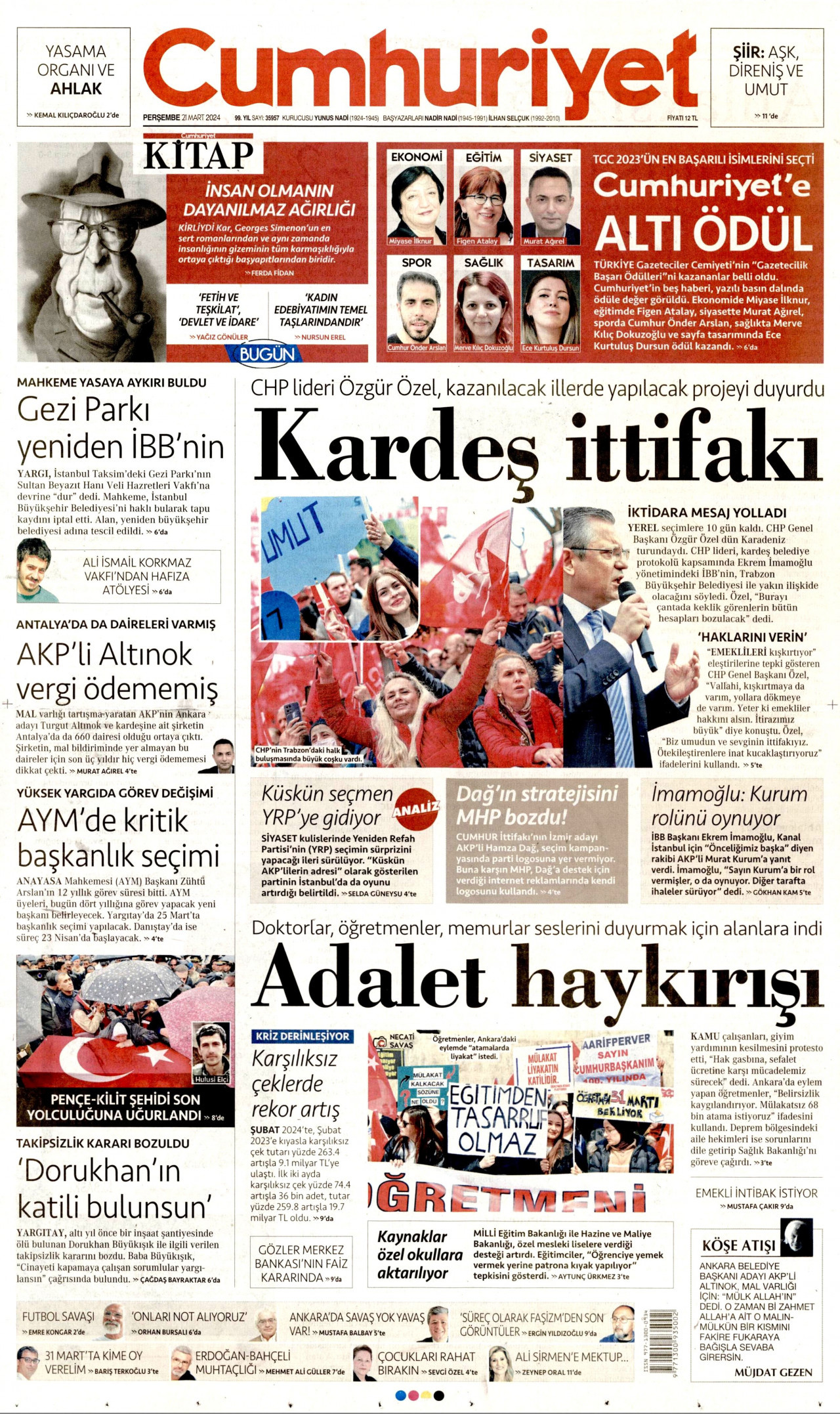 CUMHURİYET gazetesinin 21 Mart 2024 tarihli birinci sayfası