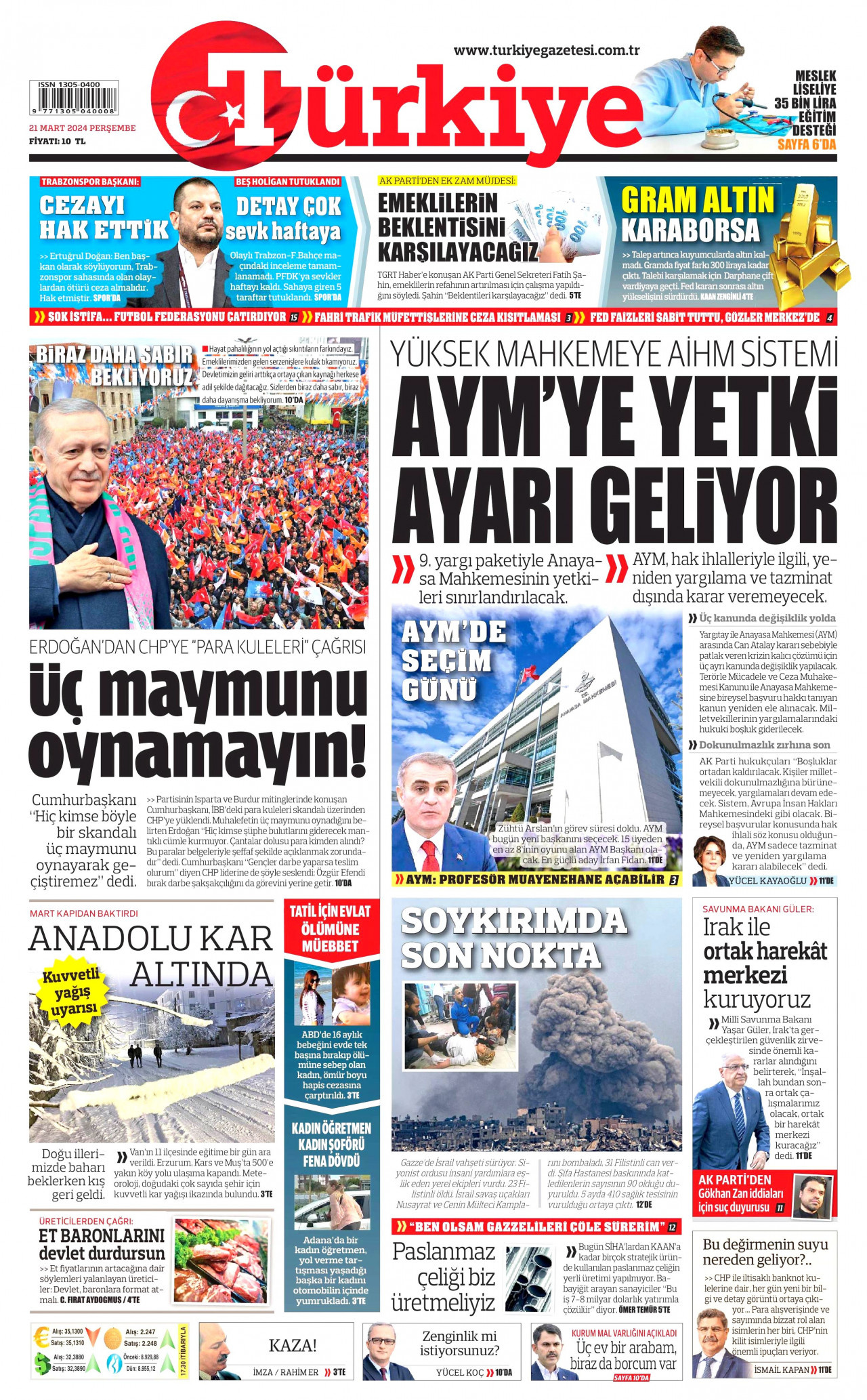 TÜRKİYE GAZETESİ gazetesinin 21 Mart 2024 tarihli birinci sayfası
