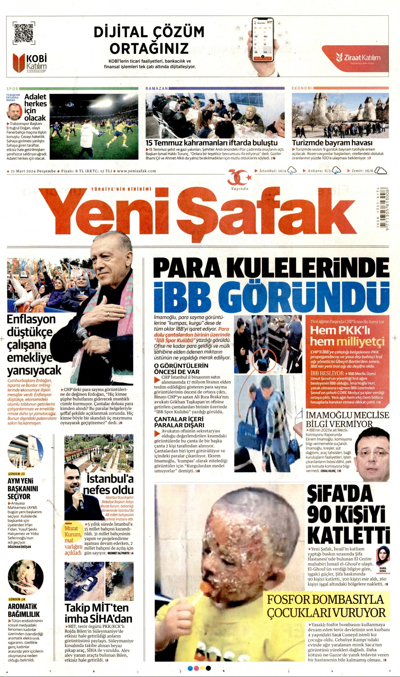YENİ ŞAFAK gazetesinin 21 Mart 2024 tarihli birinci sayfası
