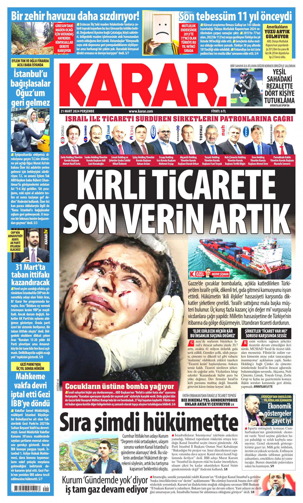 KARAR gazetesinin 21 Mart 2024 tarihli birinci sayfası