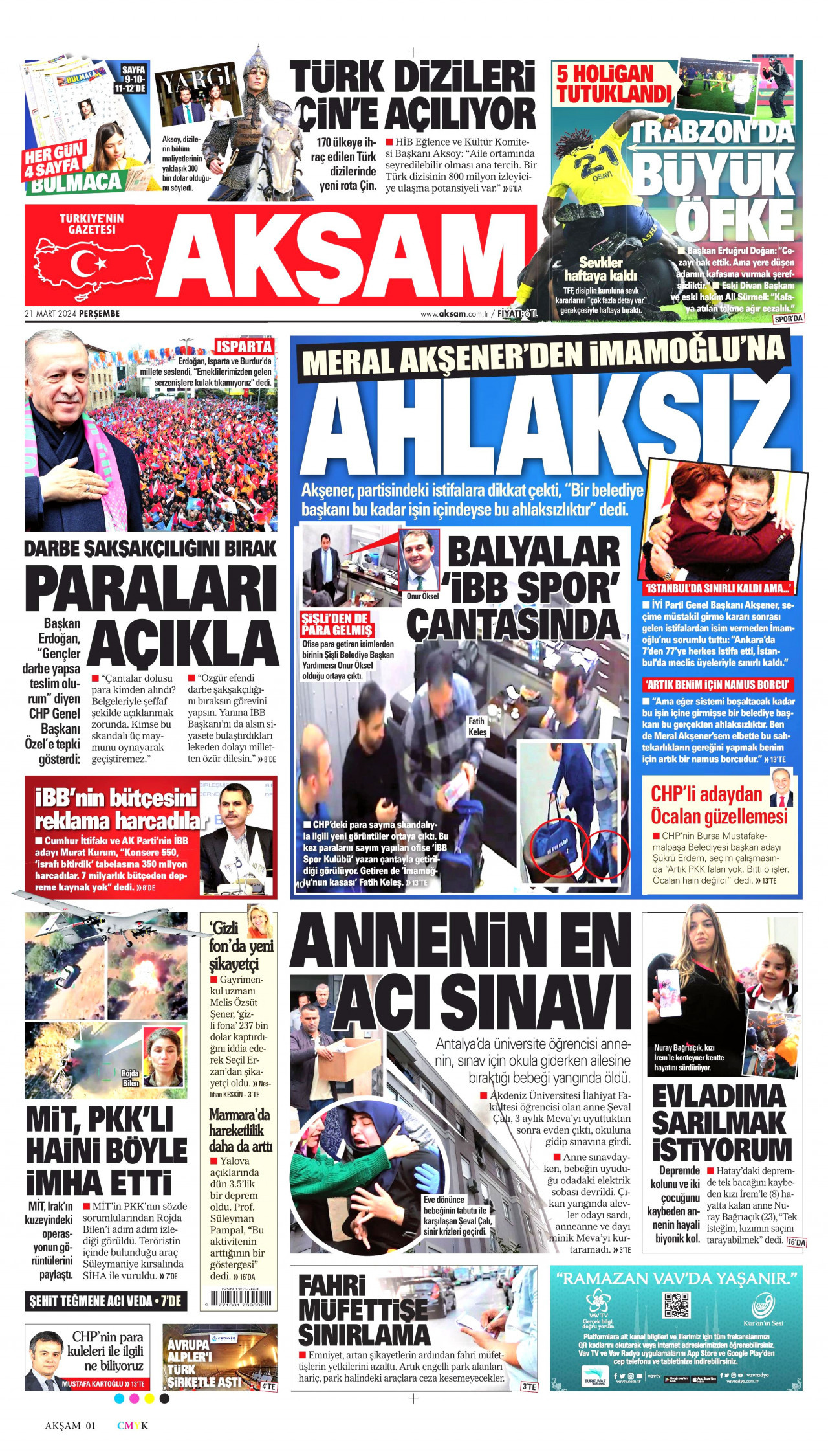 AKŞAM gazetesinin 21 Mart 2024 tarihli birinci sayfası