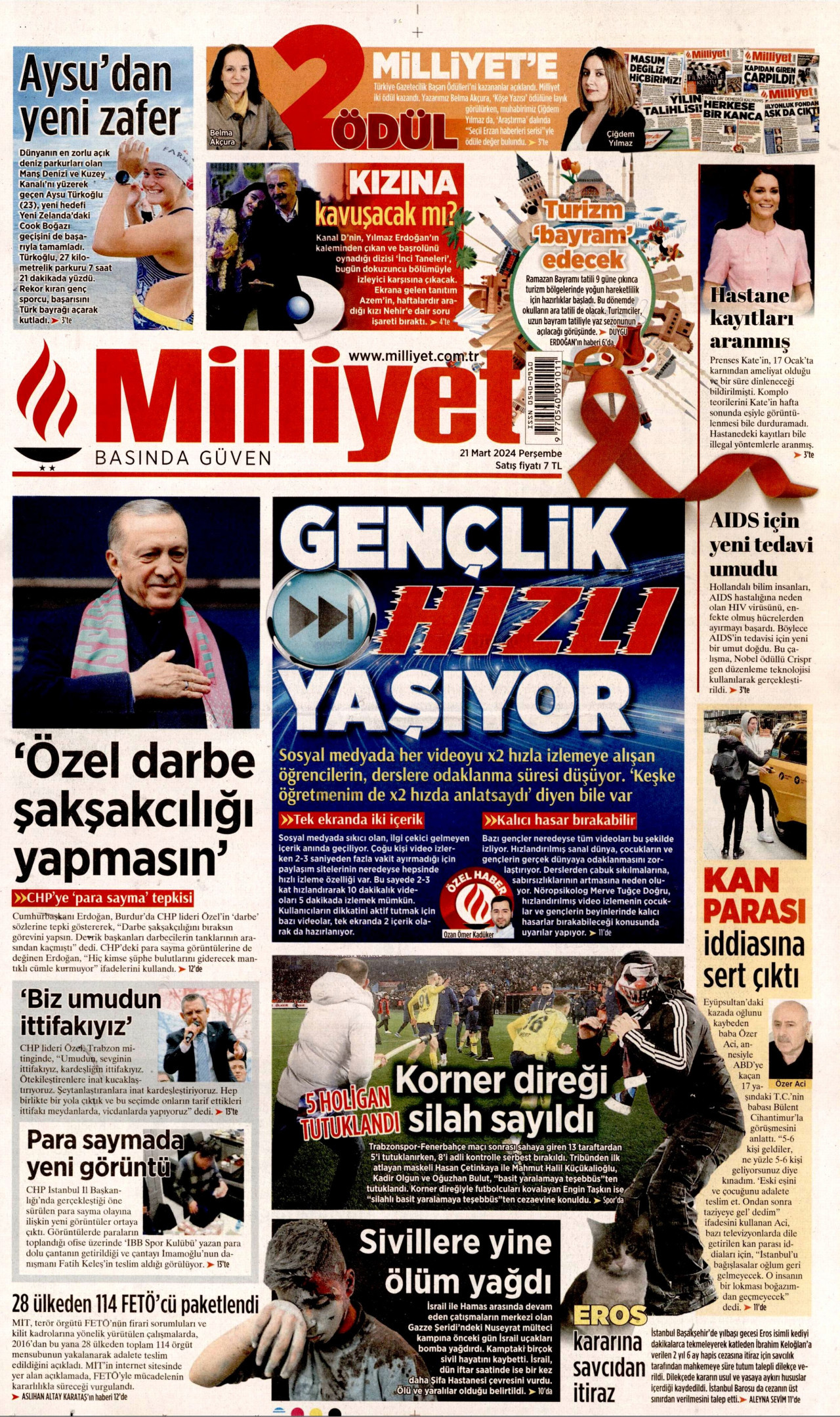 MİLLİYET gazetesinin 21 Mart 2024 tarihli birinci sayfası