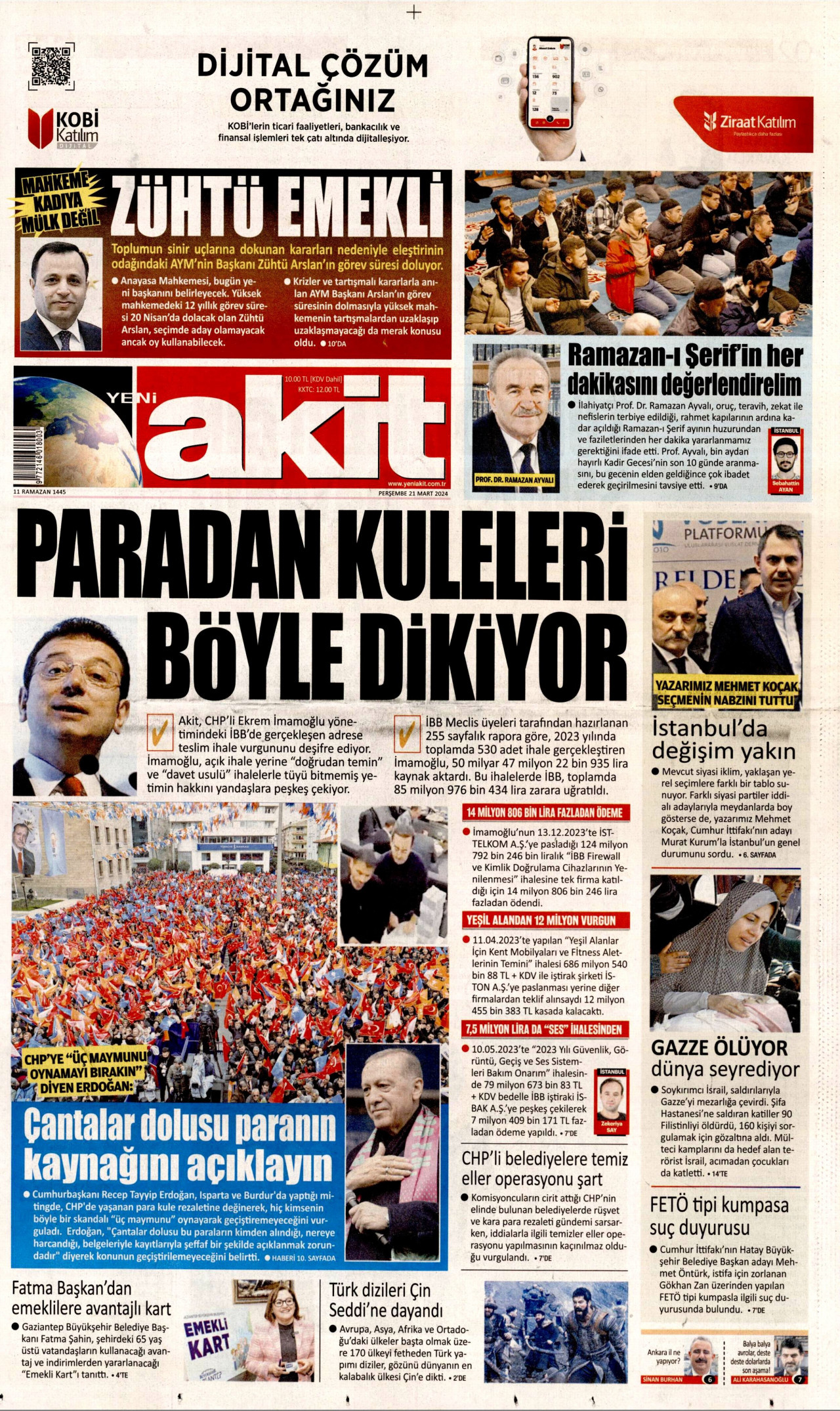 YENİ AKİT gazetesinin 21 Mart 2024 tarihli birinci sayfası