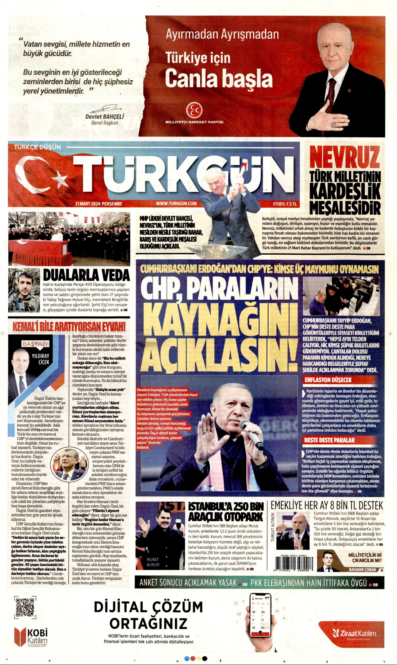 TÜRKGÜN gazetesinin 21 Mart 2024 tarihli birinci sayfası