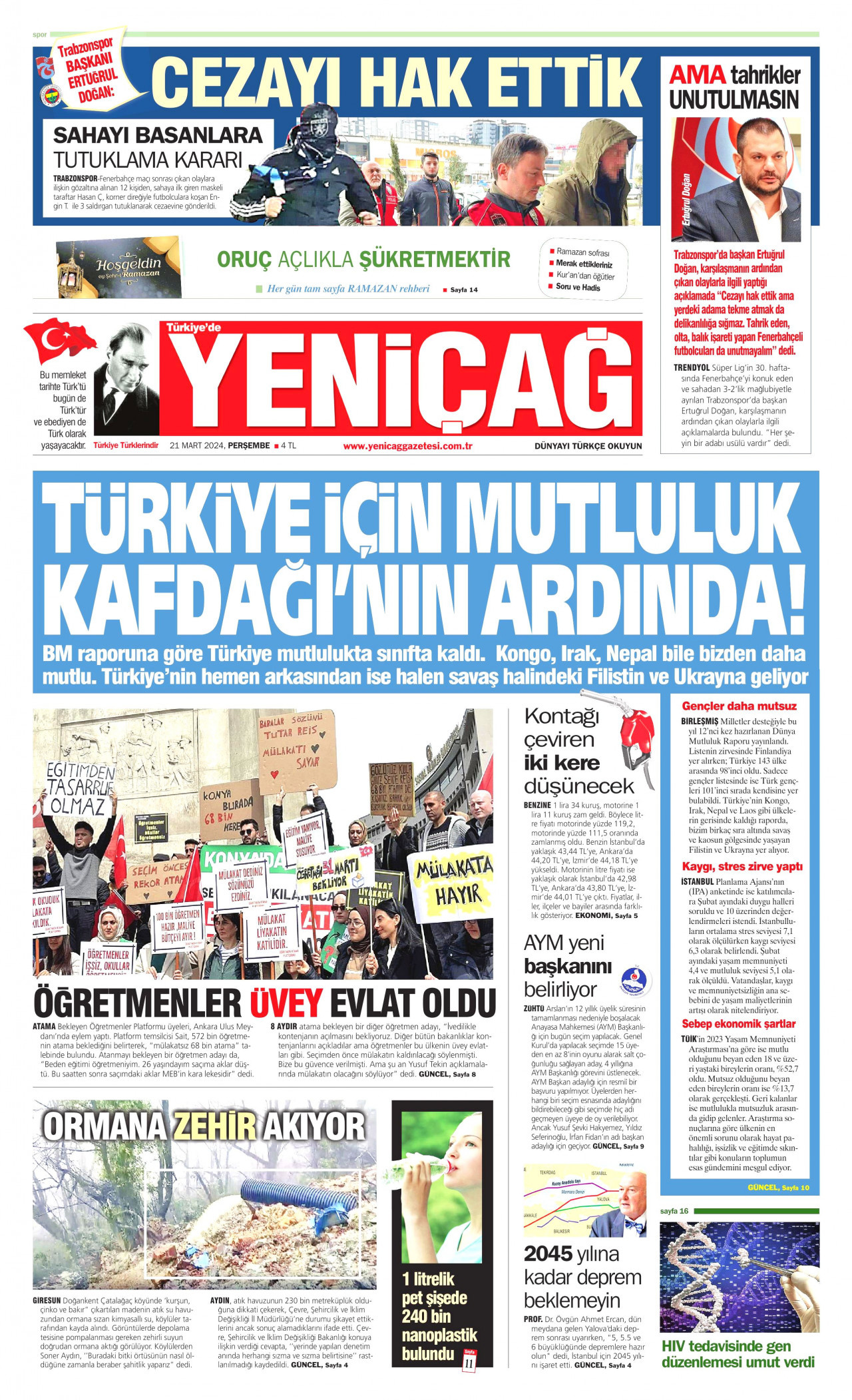 YENİÇAĞ gazetesinin 21 Mart 2024 tarihli birinci sayfası