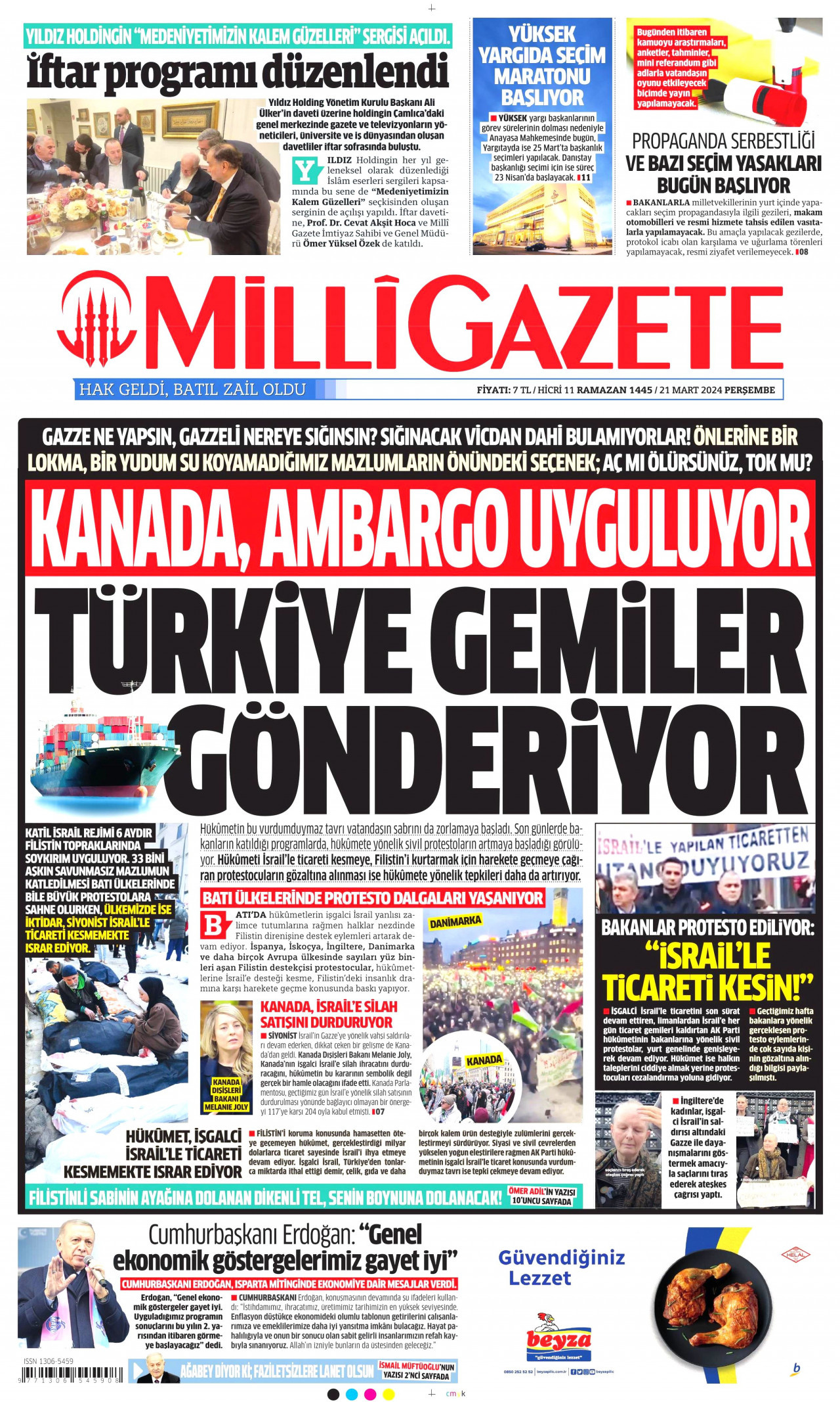 MİLLİ GAZETE gazetesinin 21 Mart 2024 tarihli birinci sayfası