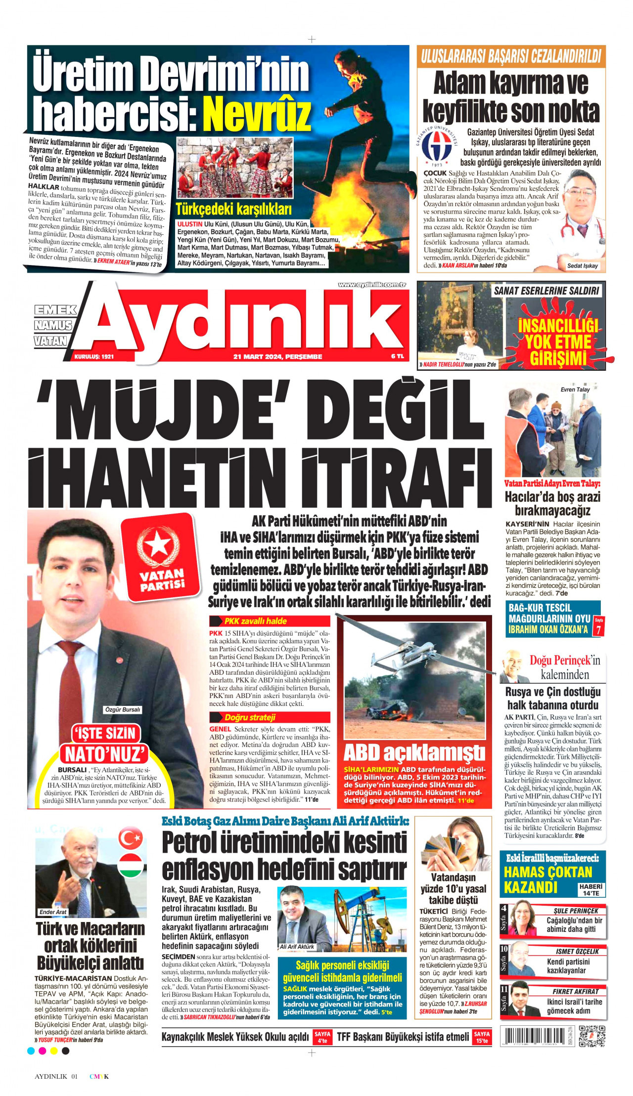AYDINLIK GAZETESİ gazetesinin 21 Mart 2024 tarihli birinci sayfası