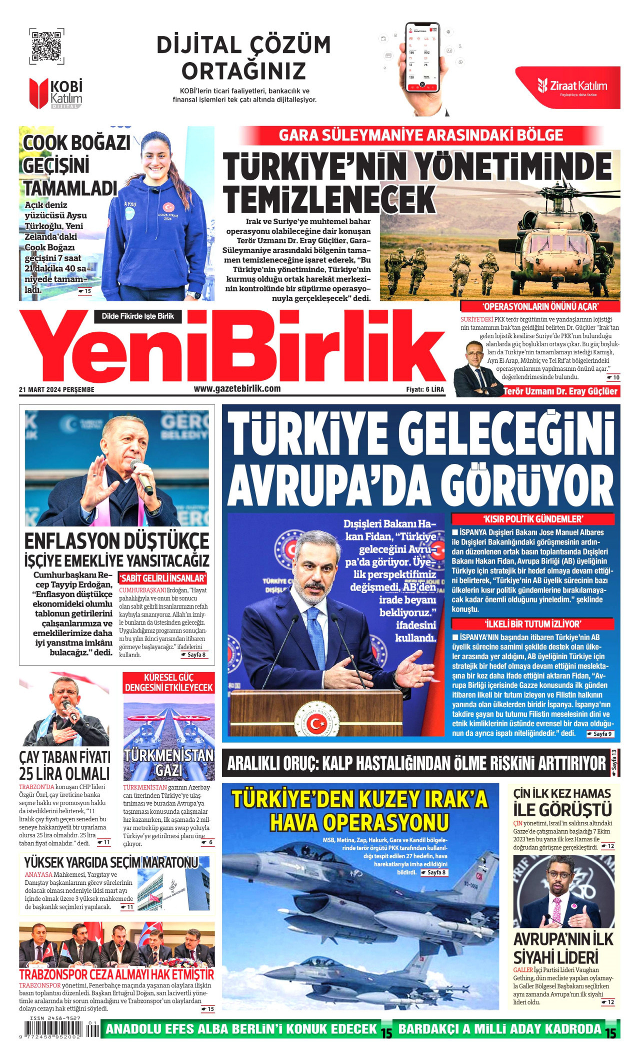 YENİBİRLİK gazetesinin 21 Mart 2024 tarihli birinci sayfası