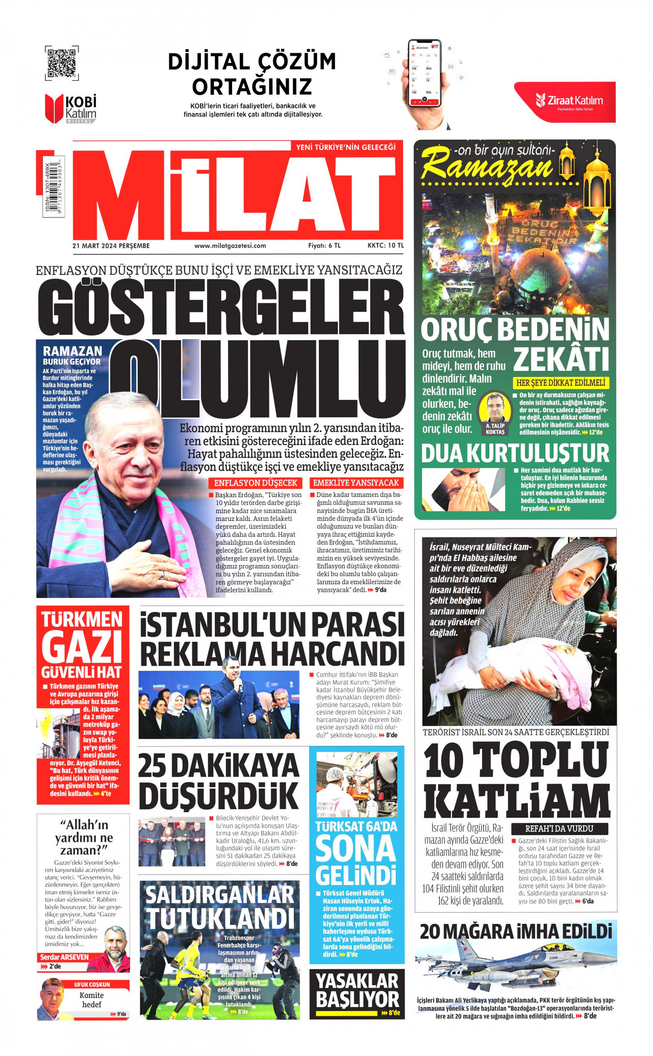 MİLAT gazetesinin 21 Mart 2024 tarihli birinci sayfası