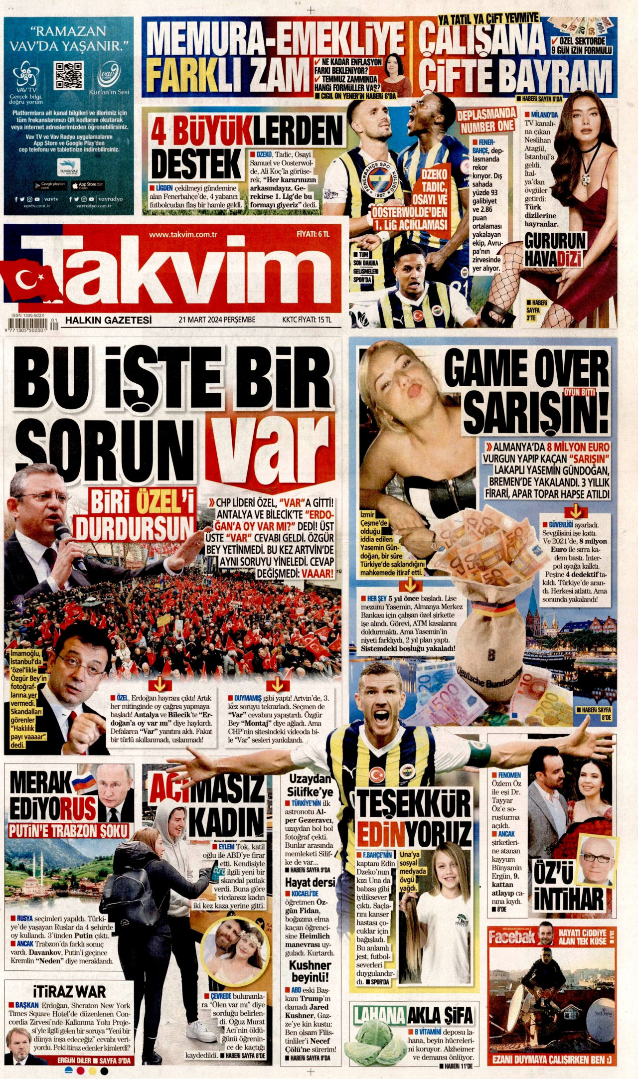 TAKVİM gazetesinin 21 Mart 2024 tarihli birinci sayfası