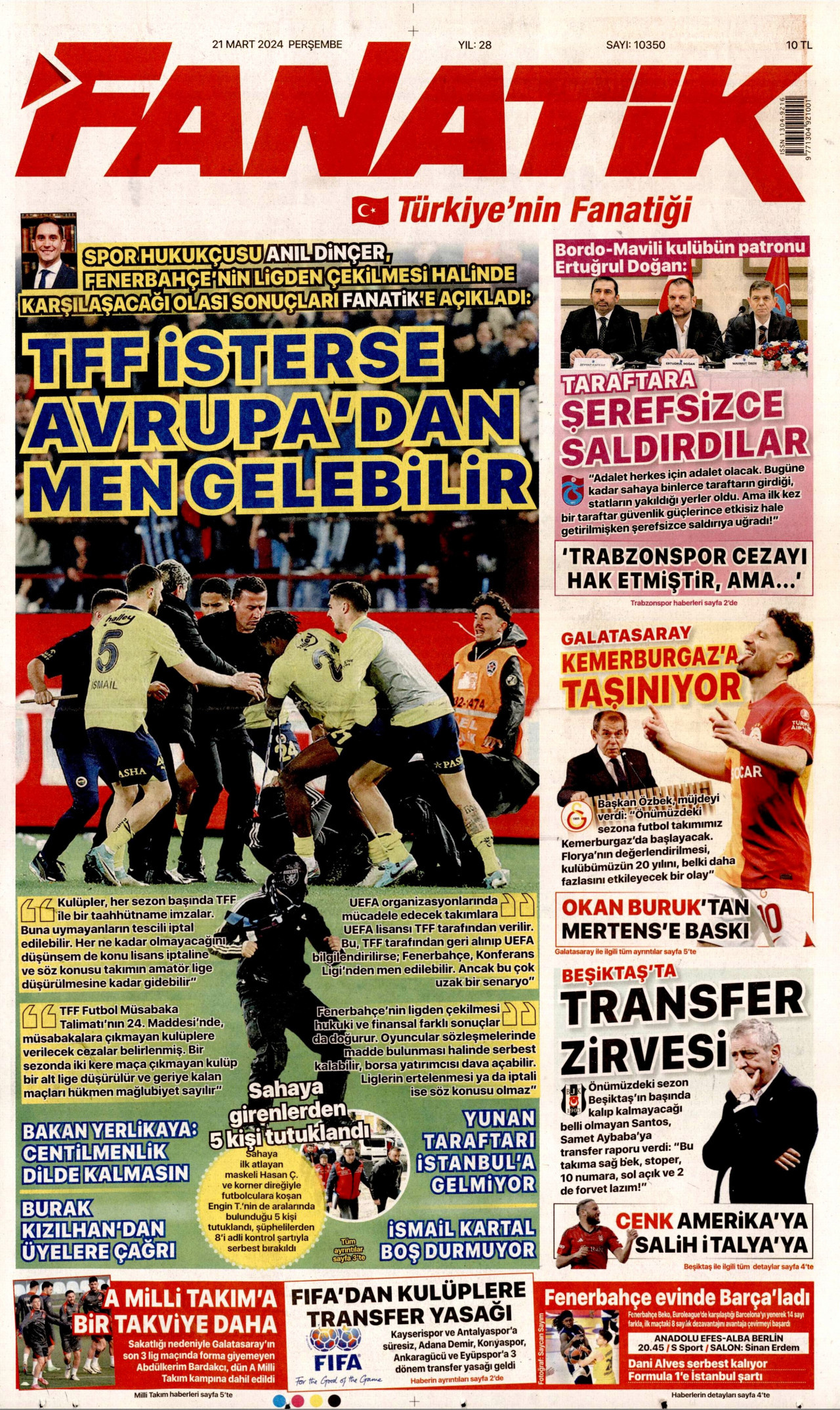 FANATİK gazetesinin 21 Mart 2024 tarihli birinci sayfası