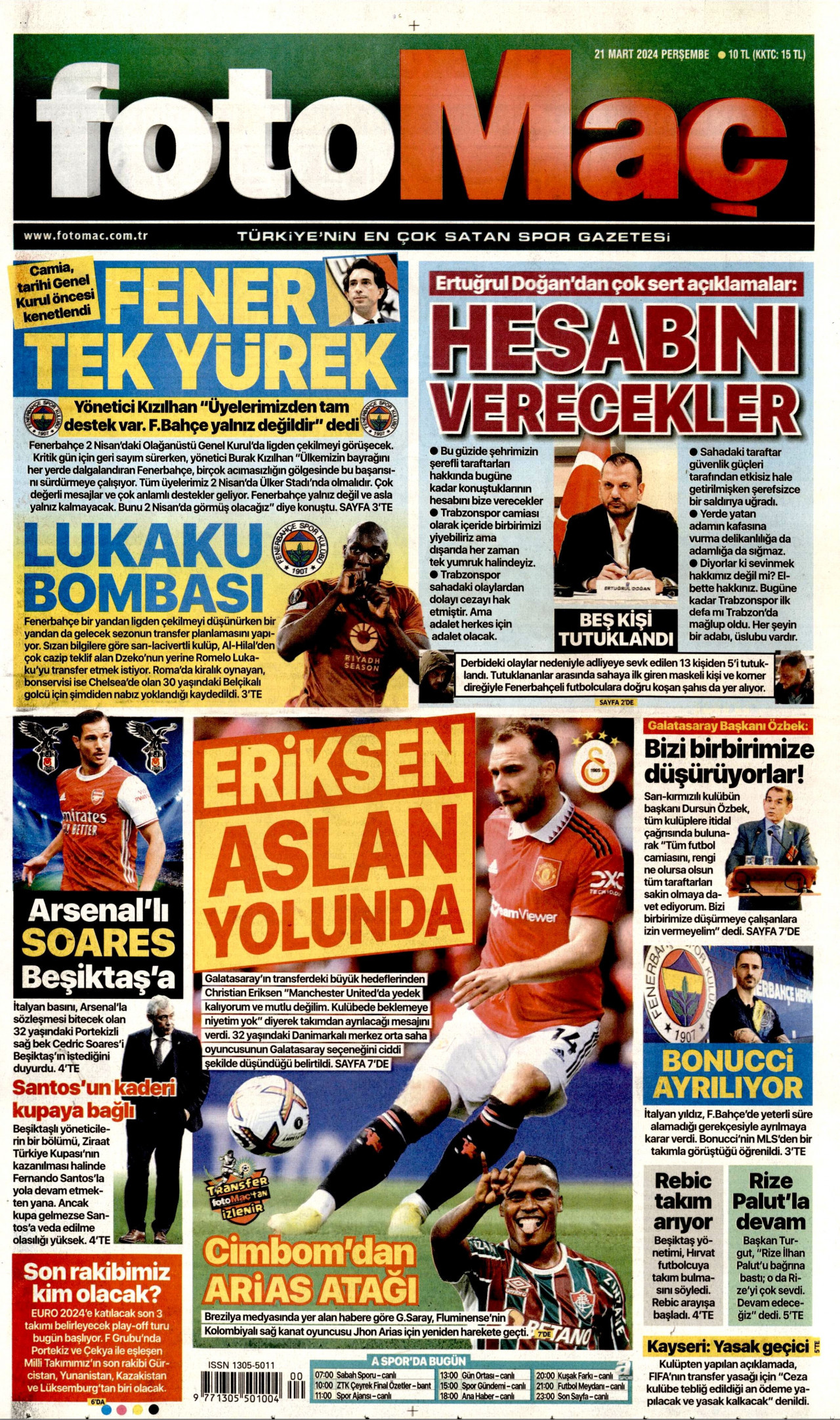 FOTOMAÇ gazetesinin 21 Mart 2024 tarihli birinci sayfası