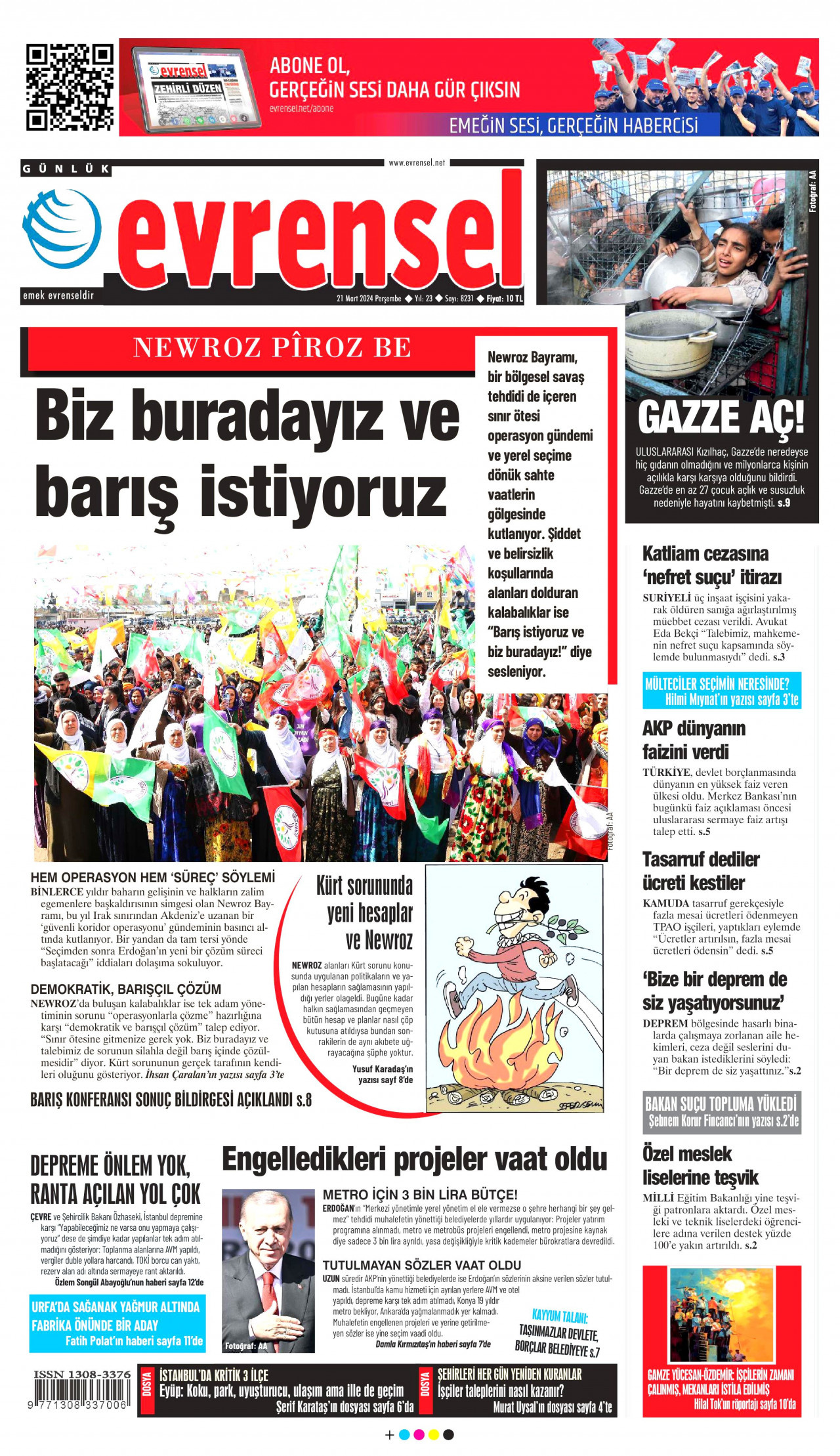EVRENSEL gazetesinin 21 Mart 2024 tarihli birinci sayfası