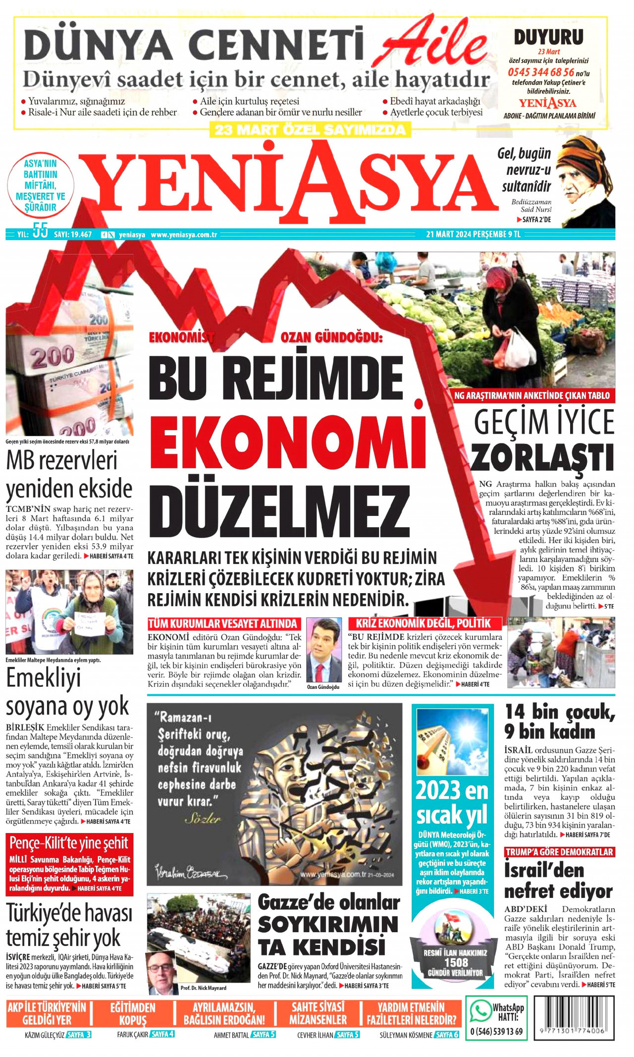 YENİ ASYA gazetesinin 21 Mart 2024 tarihli birinci sayfası