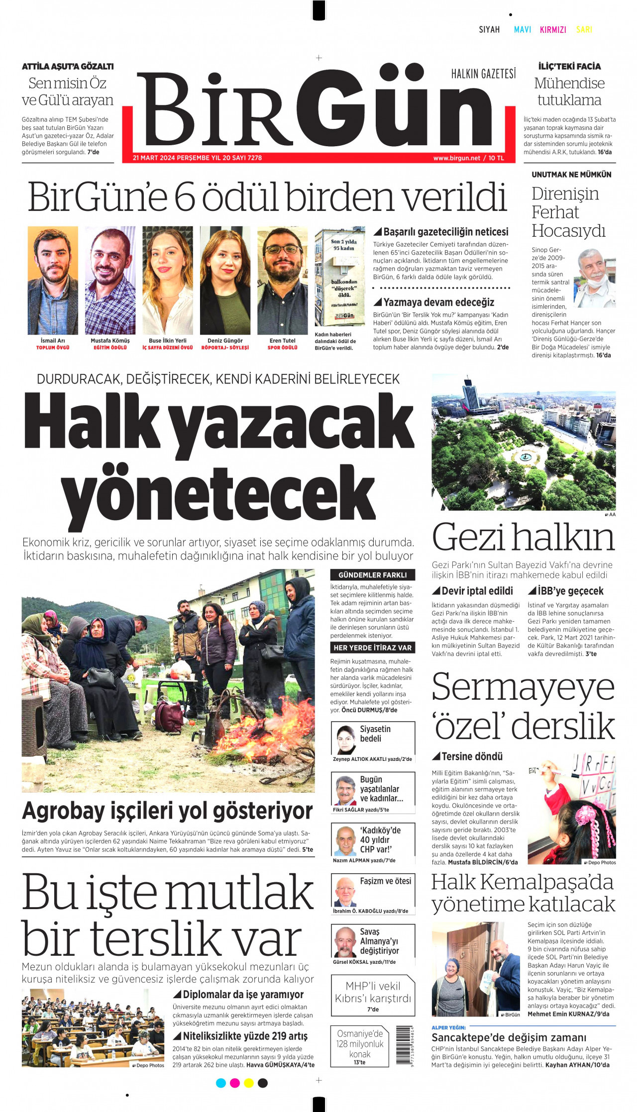 BİRGÜN gazetesinin 21 Mart 2024 tarihli birinci sayfası