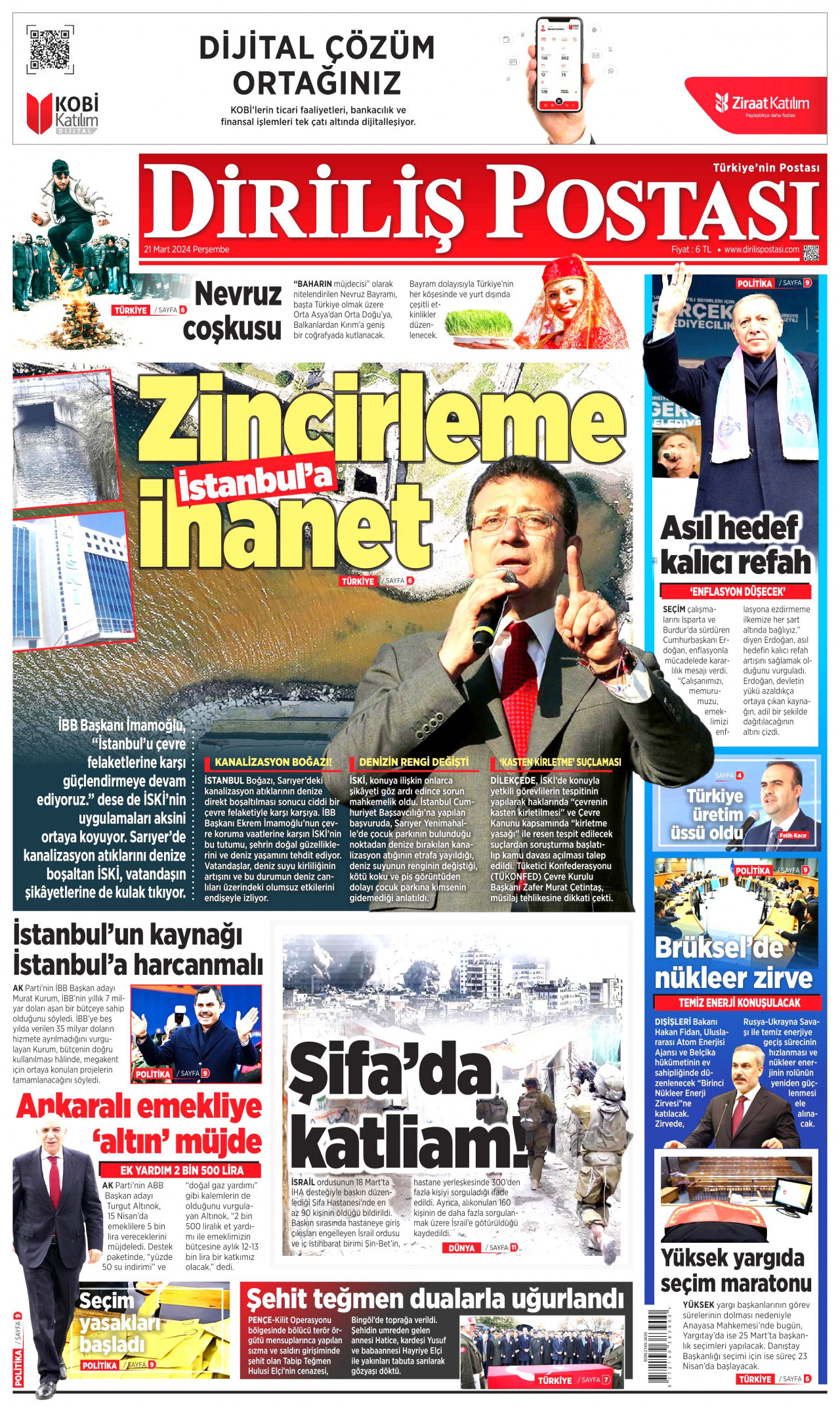 DİRİLİŞ POSTASI gazetesinin 21 Mart 2024 tarihli birinci sayfası