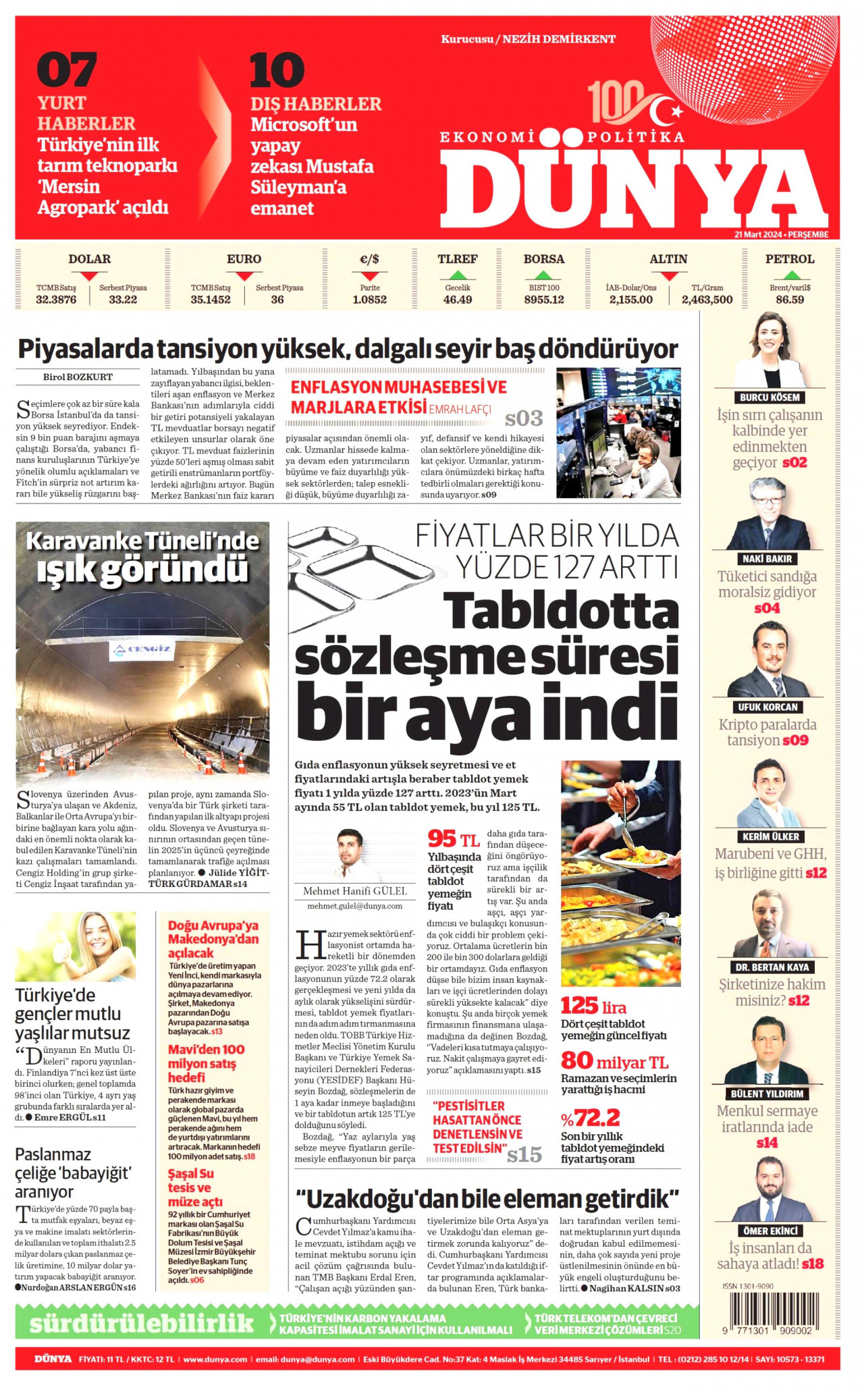 DÜNYA gazetesinin 21 Mart 2024 tarihli birinci sayfası
