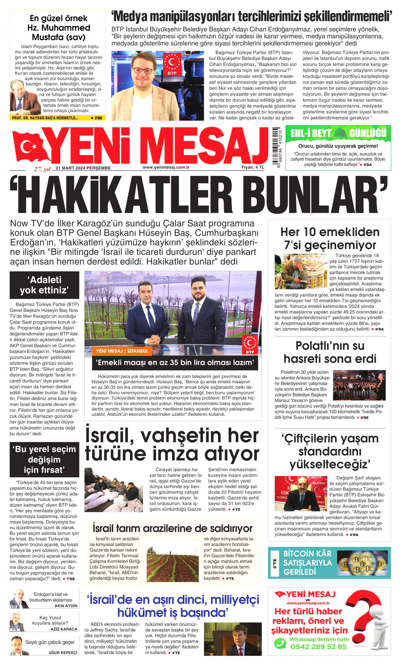 YENİ MESAJ gazetesinin 21 Mart 2024 tarihli birinci sayfası