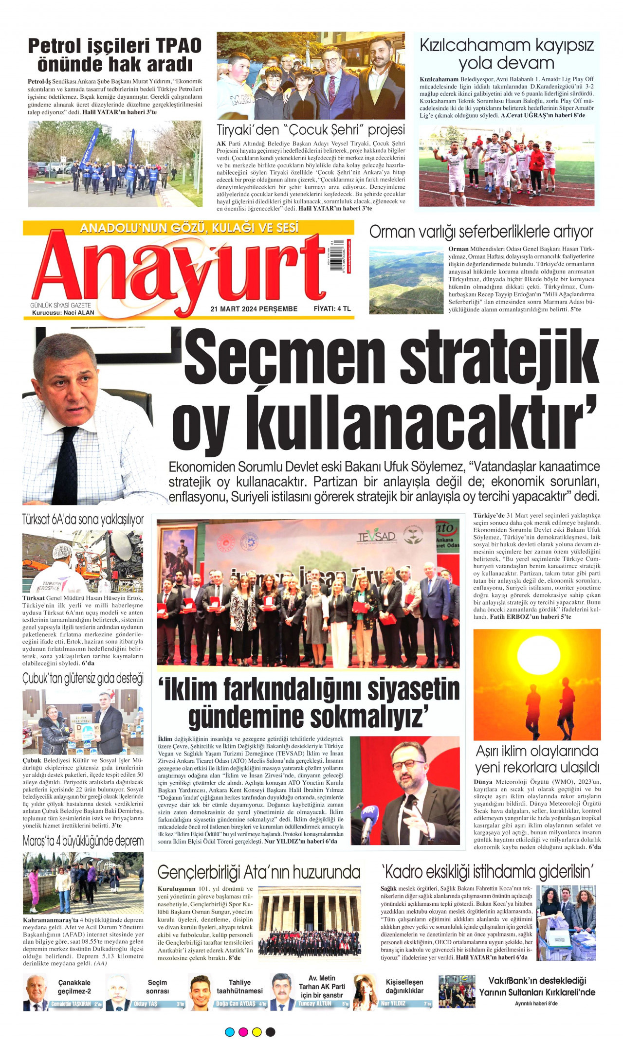 ANAYURT gazetesinin 21 Mart 2024 tarihli birinci sayfası
