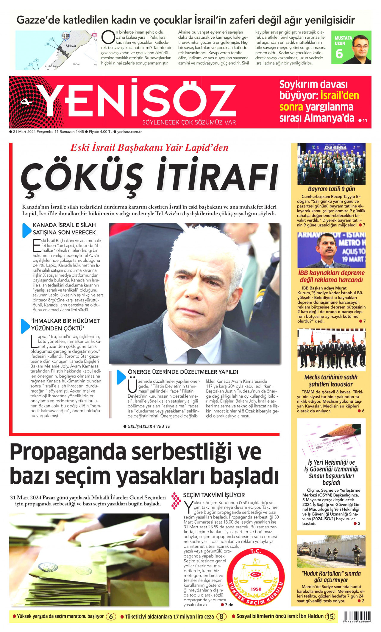 YENİ SÖZ GAZETESİ gazetesinin 21 Mart 2024 tarihli birinci sayfası