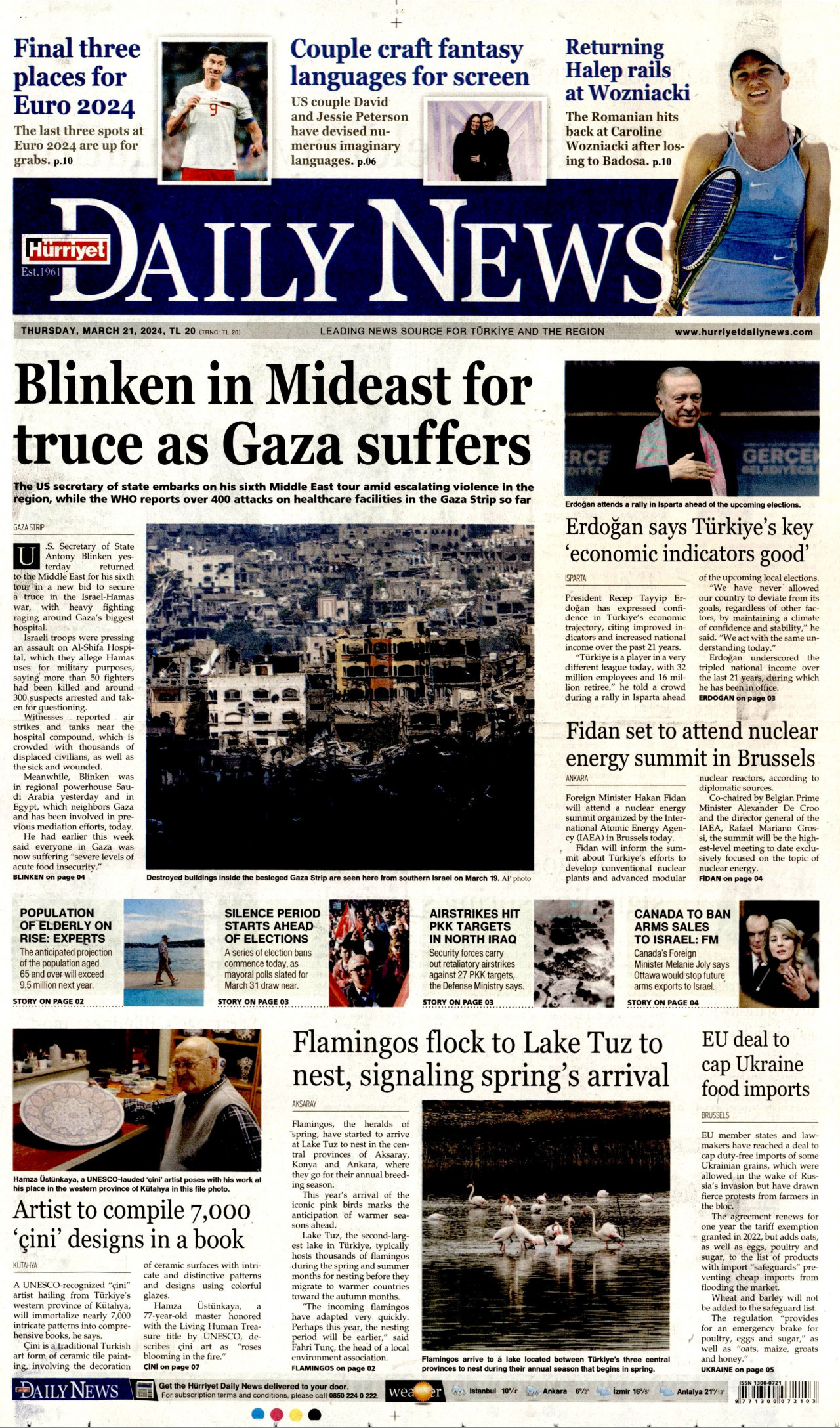 HÜRRİYET DAİLY NEWS gazetesinin 21 Mart 2024 tarihli birinci sayfası
